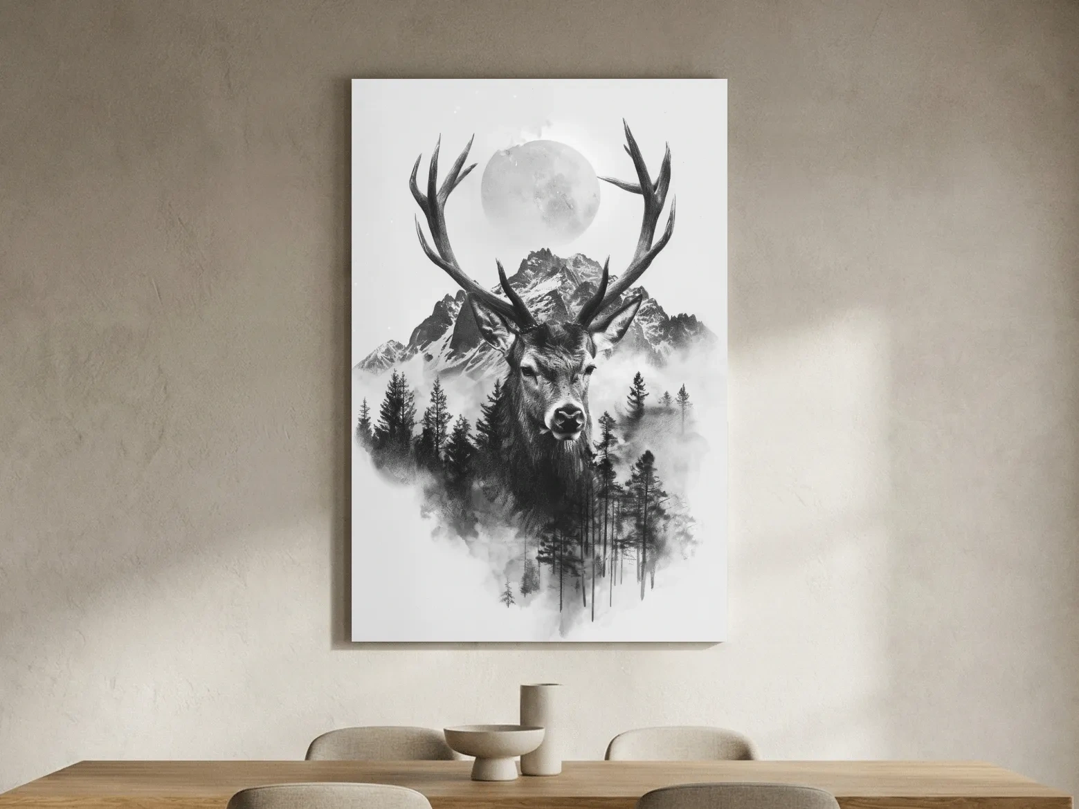 Monochrome Stag Glacier Moon Drawing - Double Exposure Wildlife Wall Art