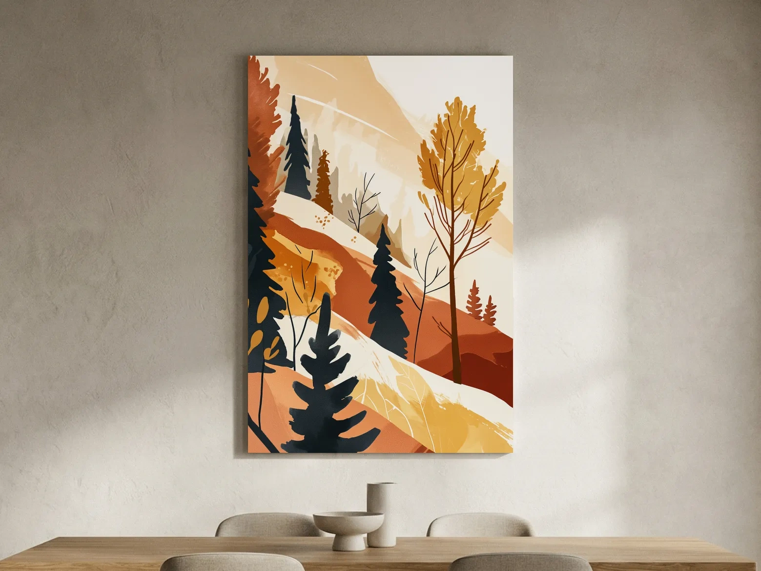 Minimalist Autumn Mountain Forest Landscape - Warm Scandinavian Wall Art