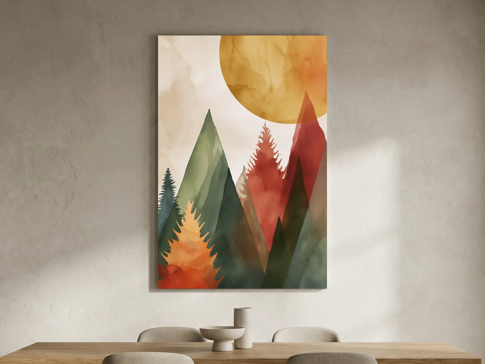 Rustic Watercolor Mountain Forest Sunrise - Modern Minimalist Wall Art