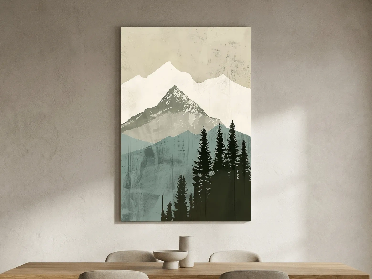 Scandinavian Mountain Peak And Pine Forest Artwork - Minimalist Landscape Wall Art