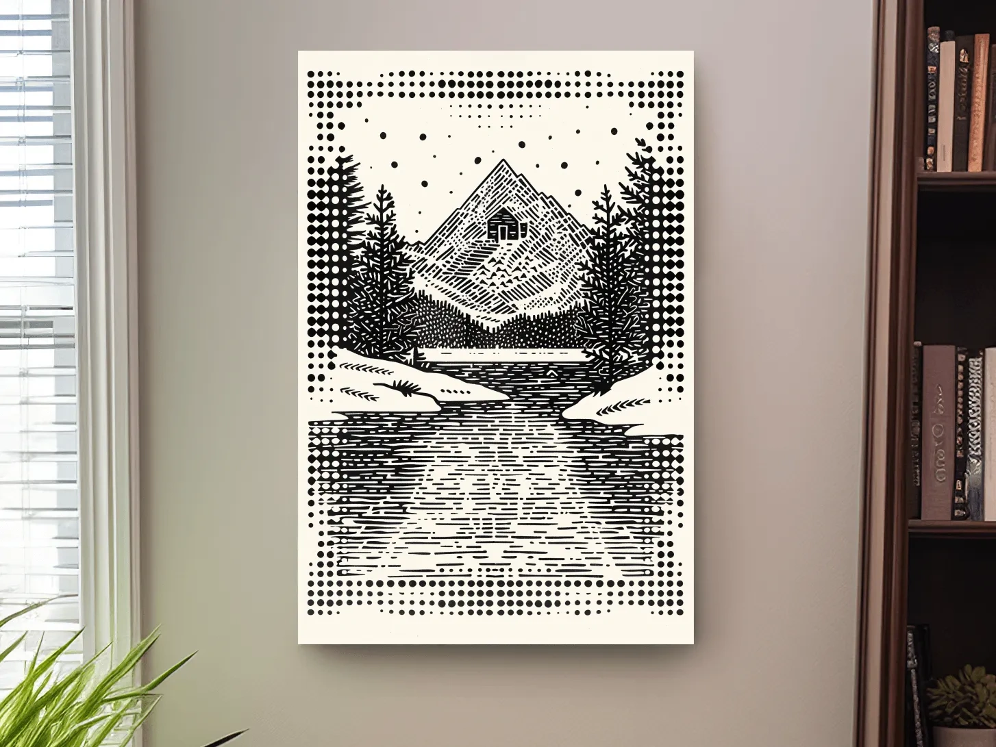 Alpine cabin artwork, linocut style optical illusion art