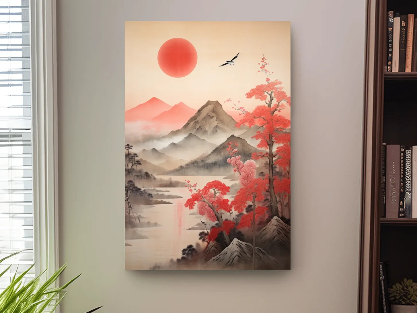Japanese Ink Wash Mountain Sunrise - Sakura Cherry Blossom Wall Art