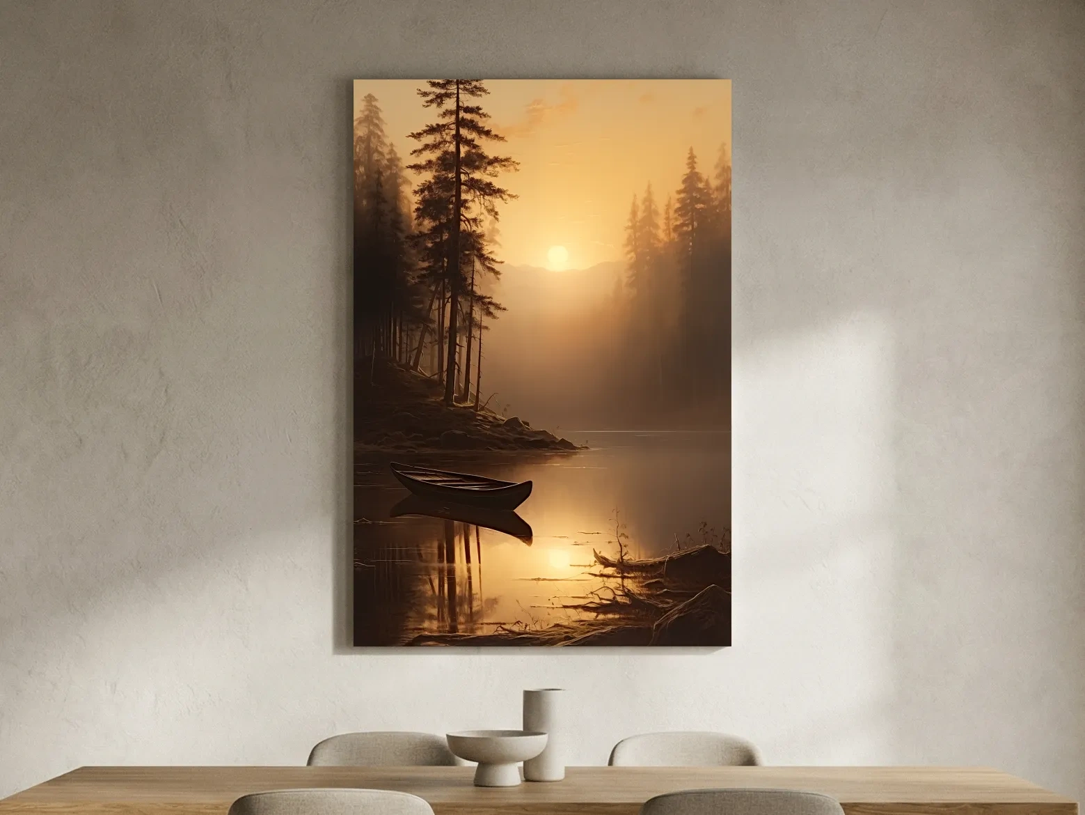 Sunset painting of a canoe on a lake at golden hour