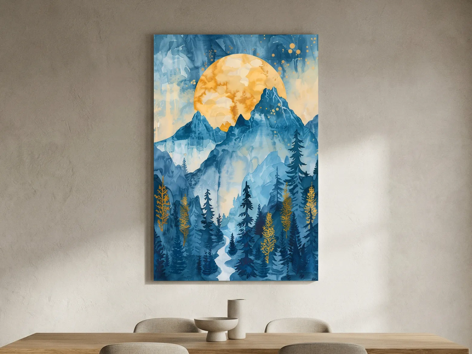 Alpine Sunset Watercolor Painting - Mountain Forest Landscape Wall Art
