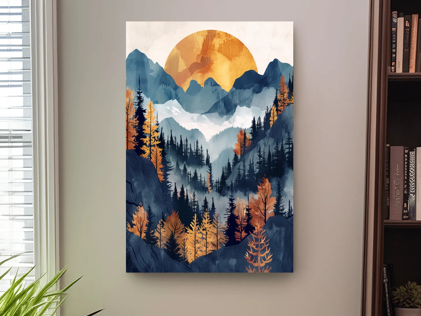 Foggy Autumn Alpine Forest Sunset - Modern Watercolor Mountain Wall Art