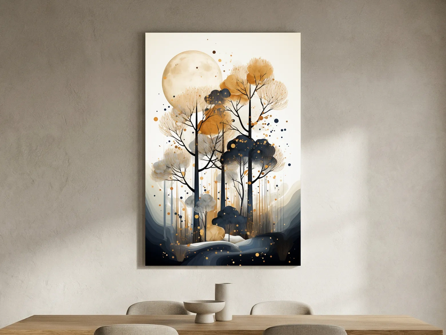 Surreal Chic Moonlit Boho Forest Illustration - Modern Botanical Wall Art