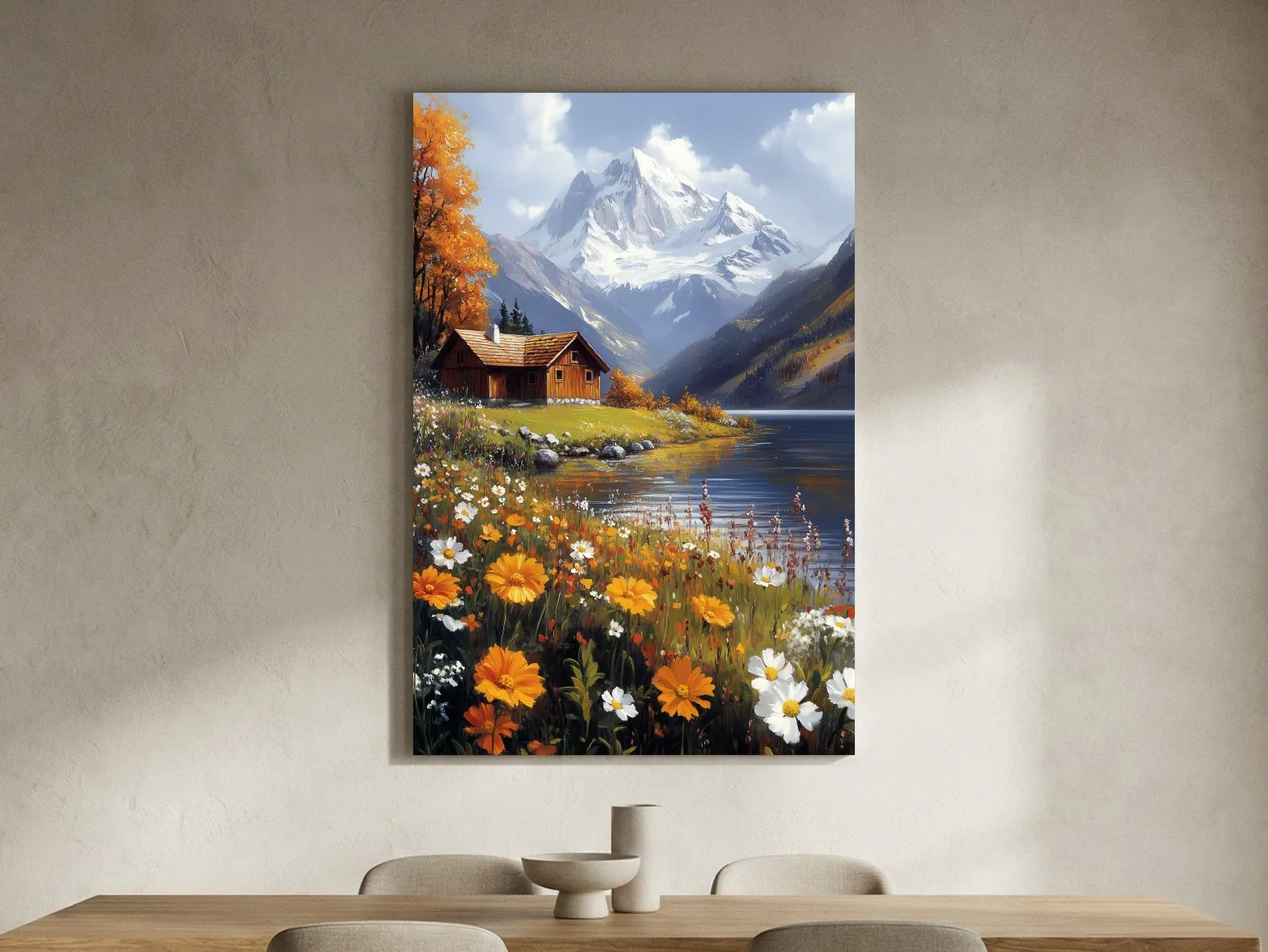 Autumn Alpine Lake Cabin Impressionist Painting - Snowcapped Mountain Wildflower Wall Art
