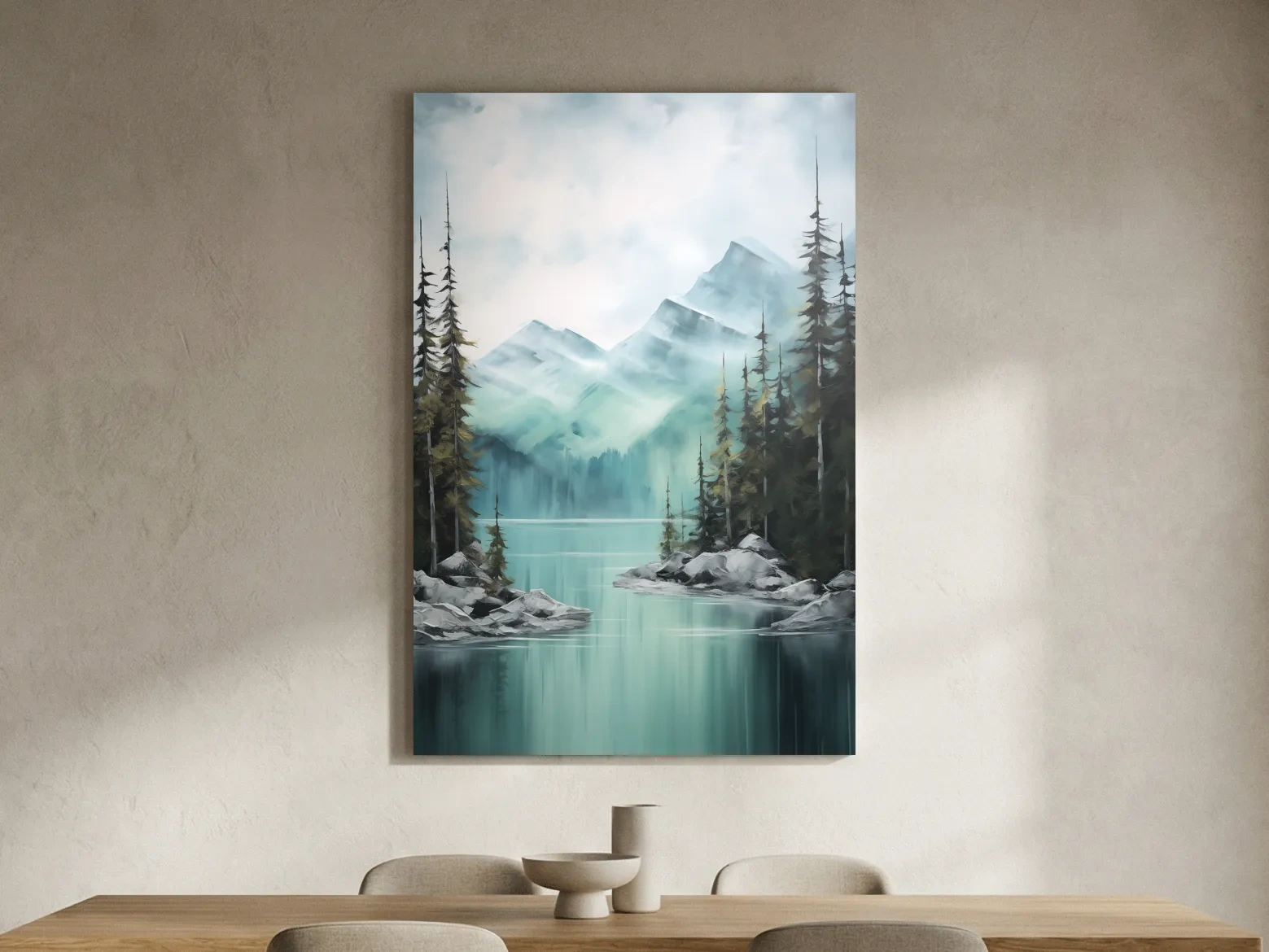 Misty Turquoise Mountain Lake Landscape - PNW Watercolor Forest Wall Art