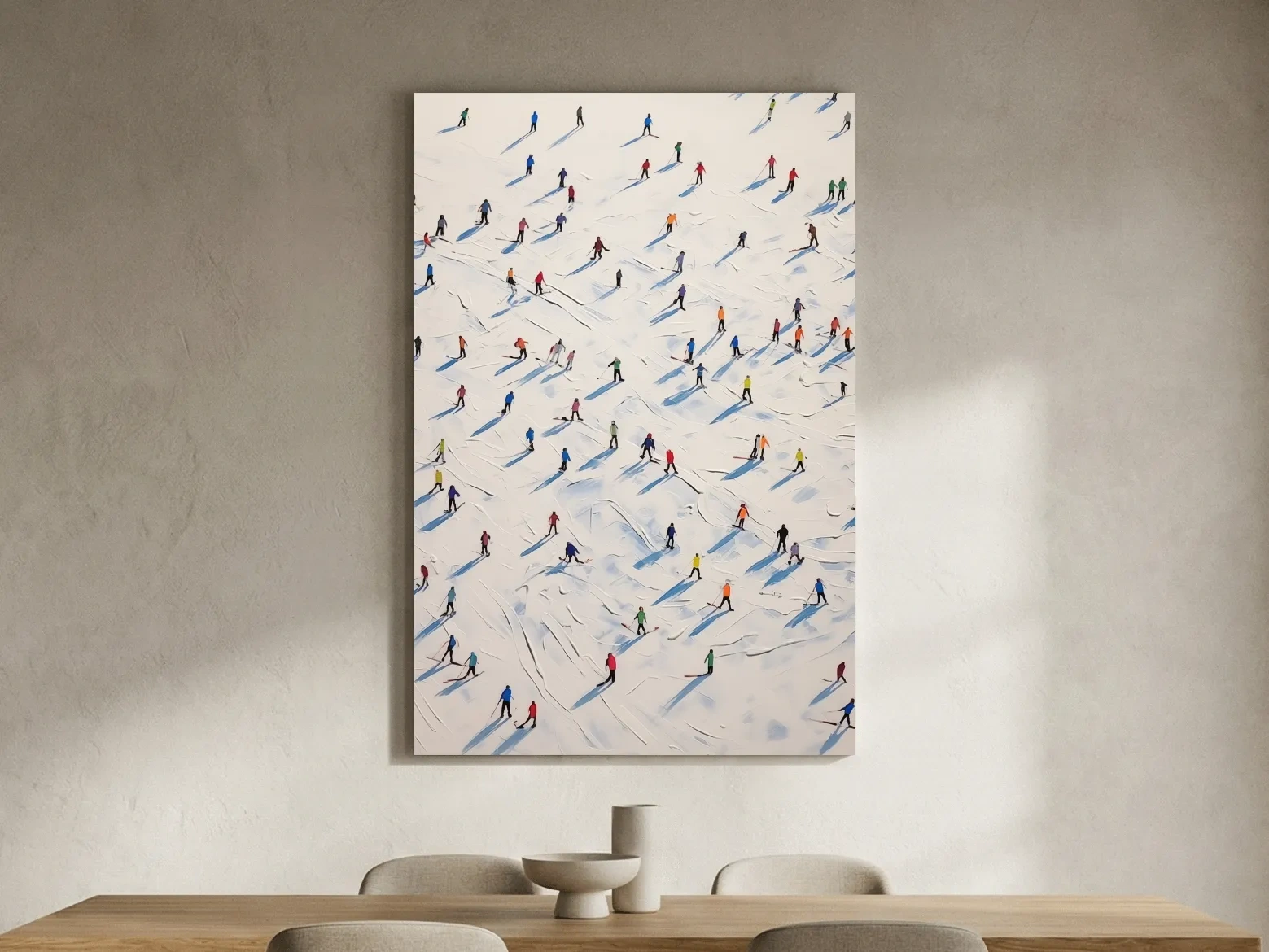 Lots of little skiers in a ski resort, textured painting effect