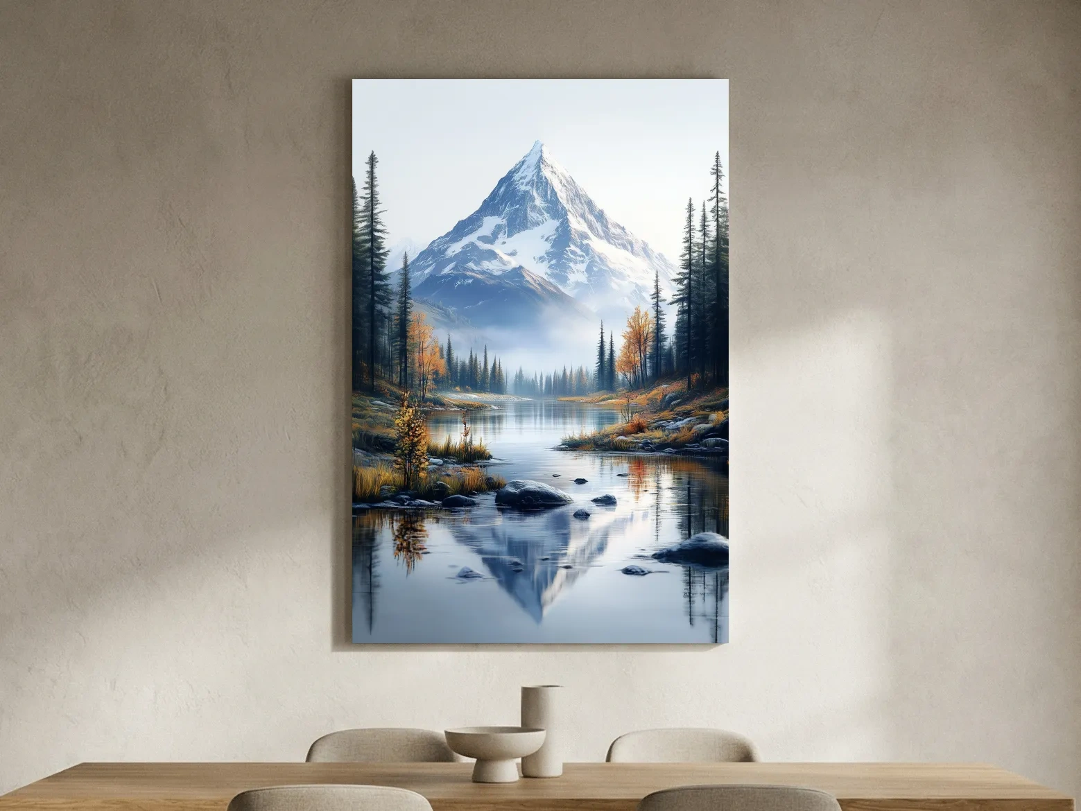 Majestic Snowcapped Mountain Lake Artwork - Serene Alpine Meadows Wall Art