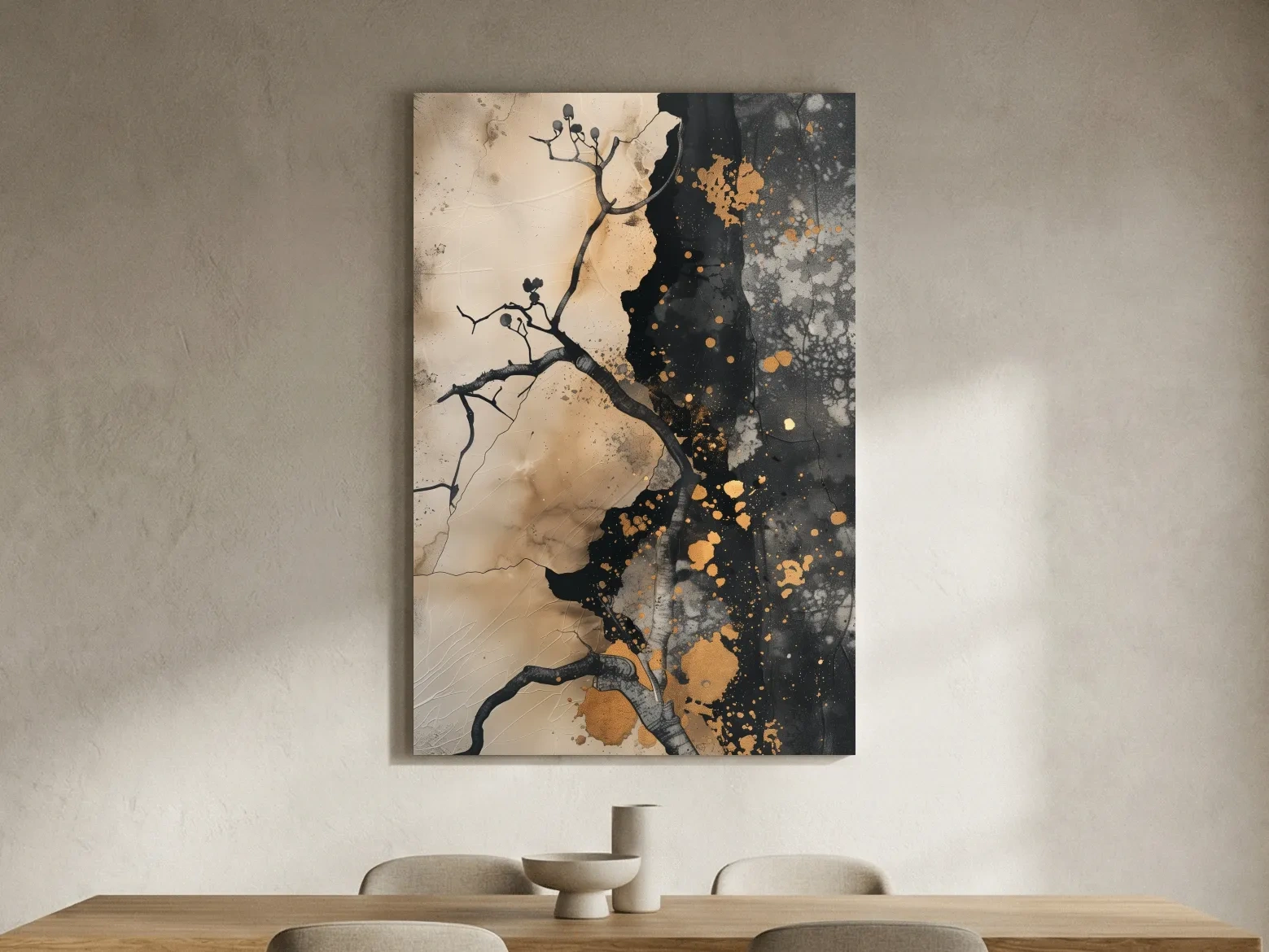 Ink Branch Silhouette With Gold Splatter - Modern Japandi Abstract Wall Art