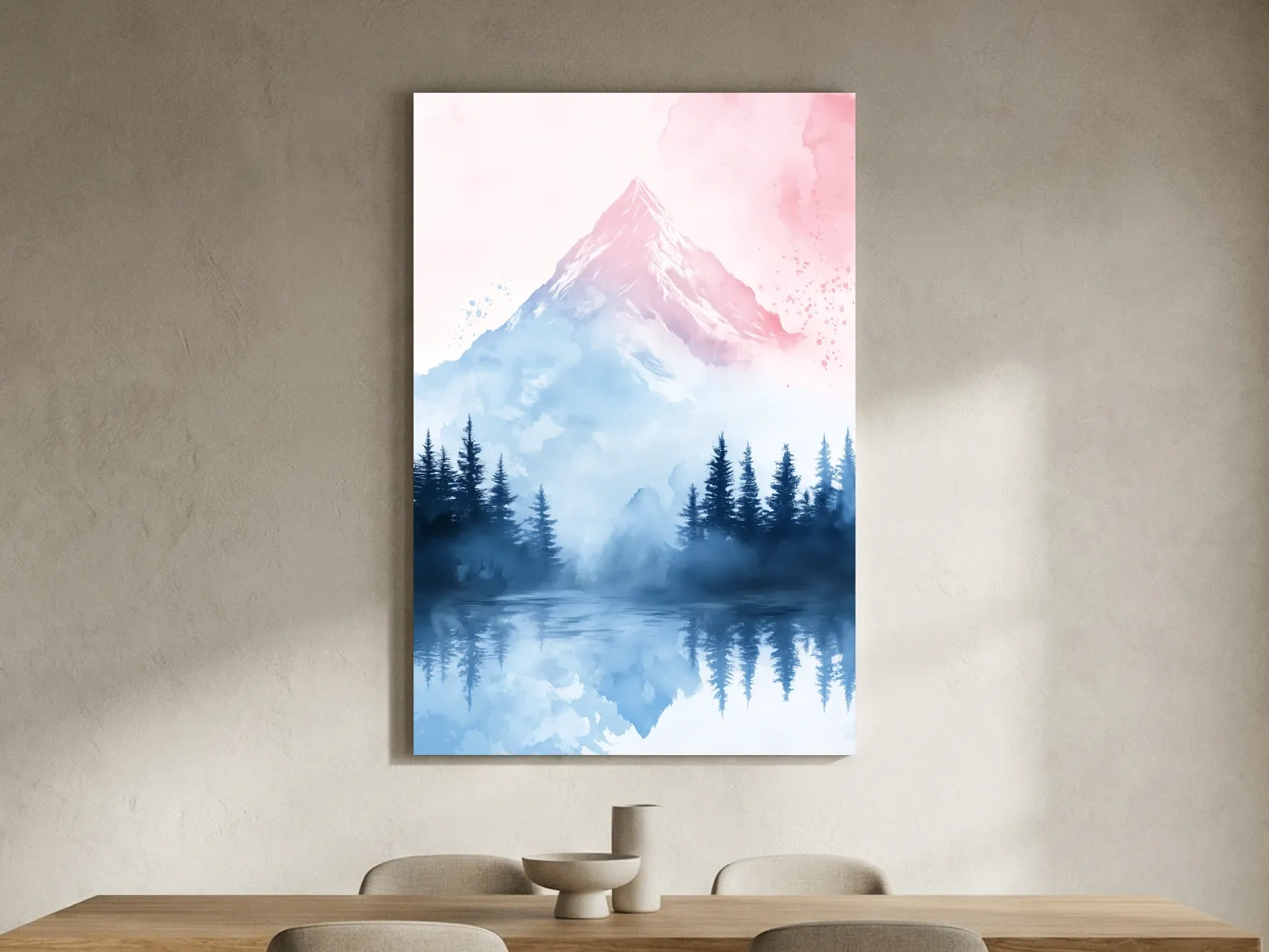 Dreamy Watercolor Alpine Lake Reflection - Pastel Forest Wall Art