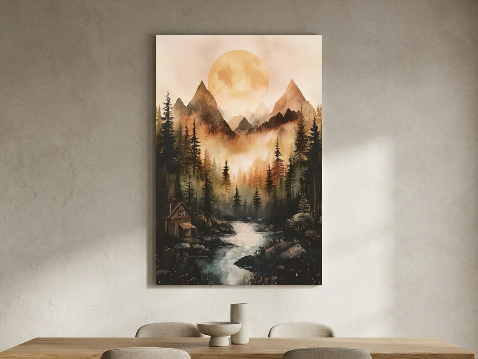 Misty Mountain River Cabin Watercolor - Rustic Forest Wall Art