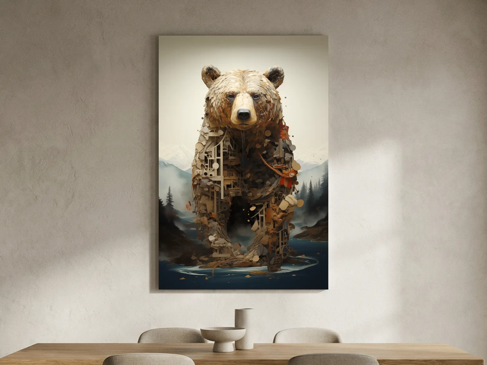 Surreal Grizzly Bear Collage Illustration - MC Escher Style Wildlife Wall Art