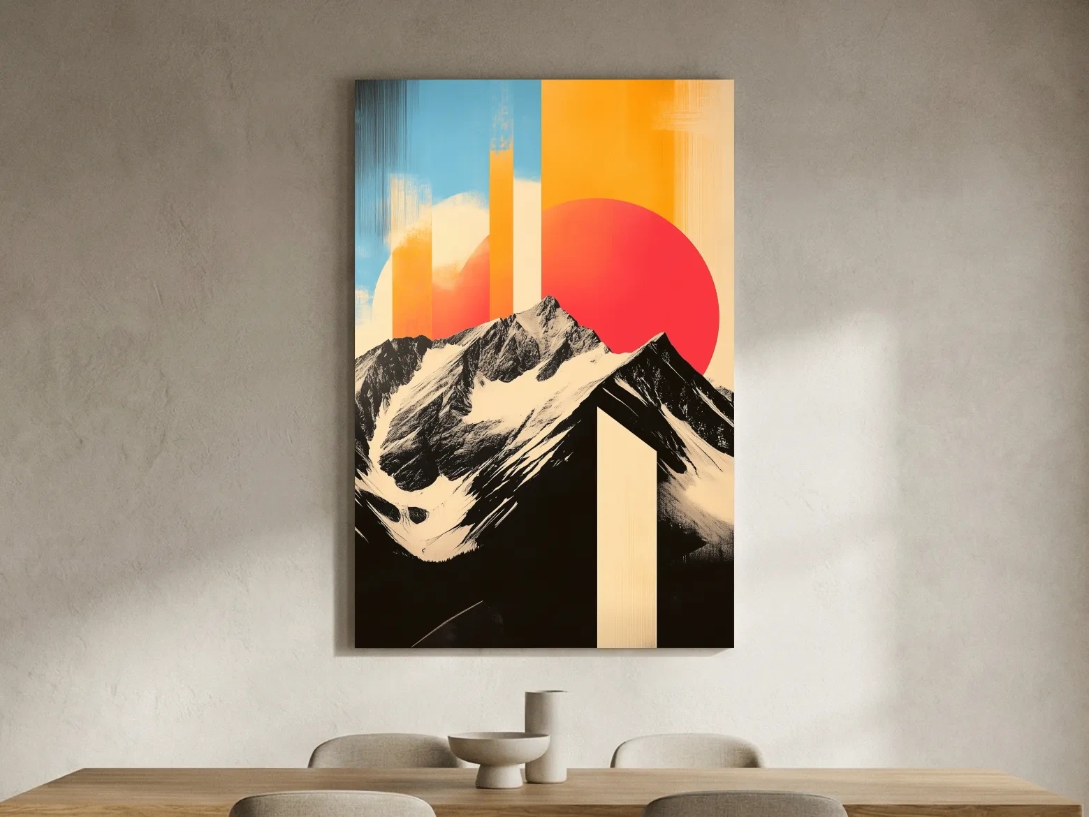 Retro Snowcapped Mountain Sunset Collage - Modern Geometric Landscape Wall Art