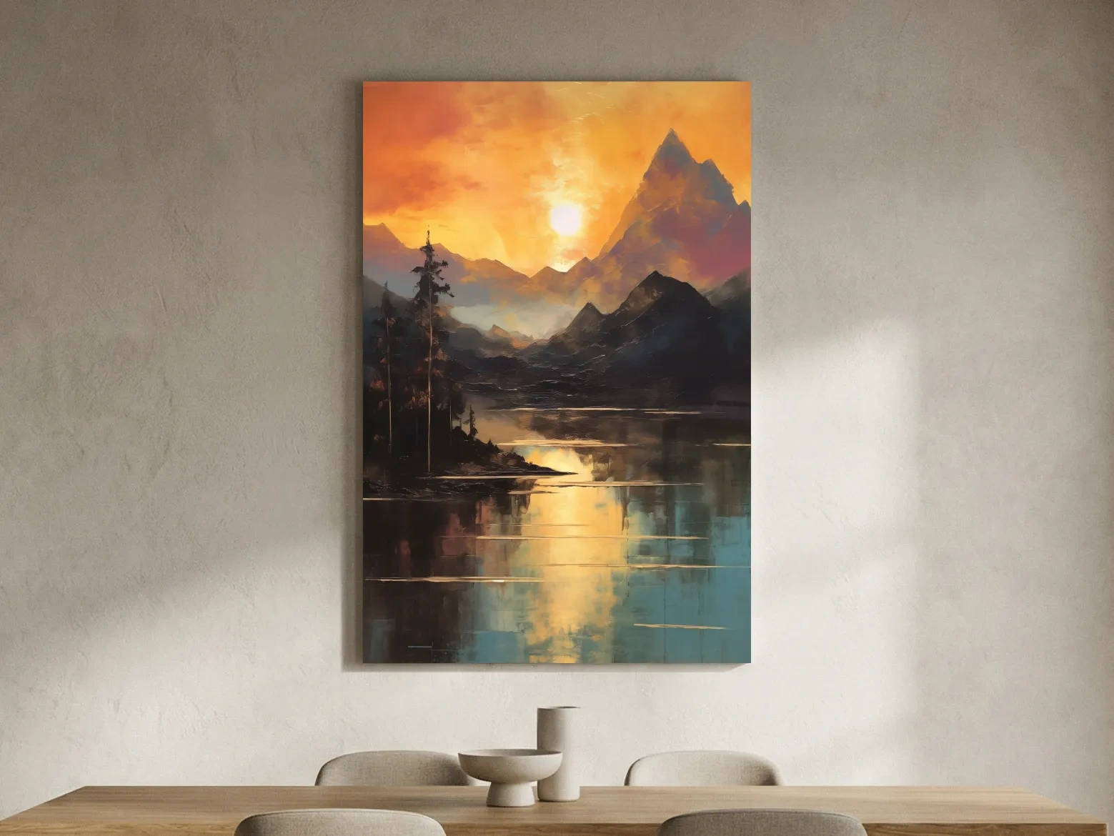 Golden Sunset Alpine Lake Reflection - Mountain Oil Painting Wall Art