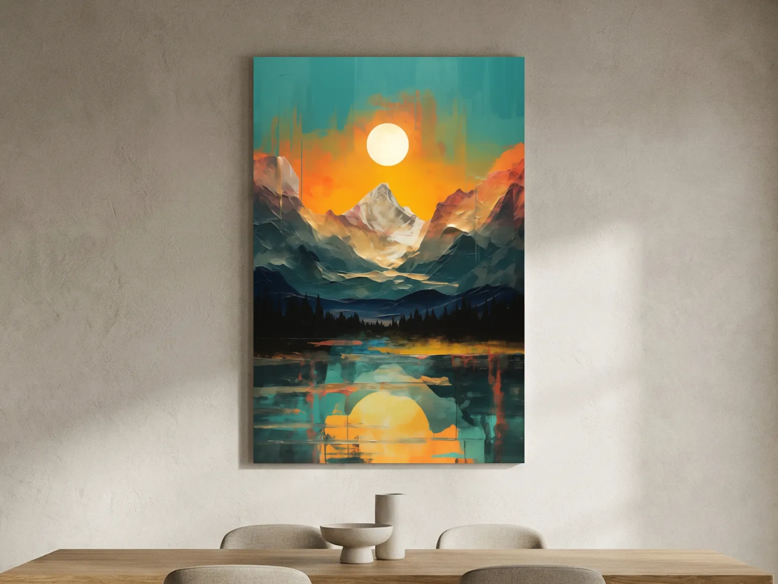 Vibrant Abstract Mountain Lake Sunset - Colorful Landscape Wall Art