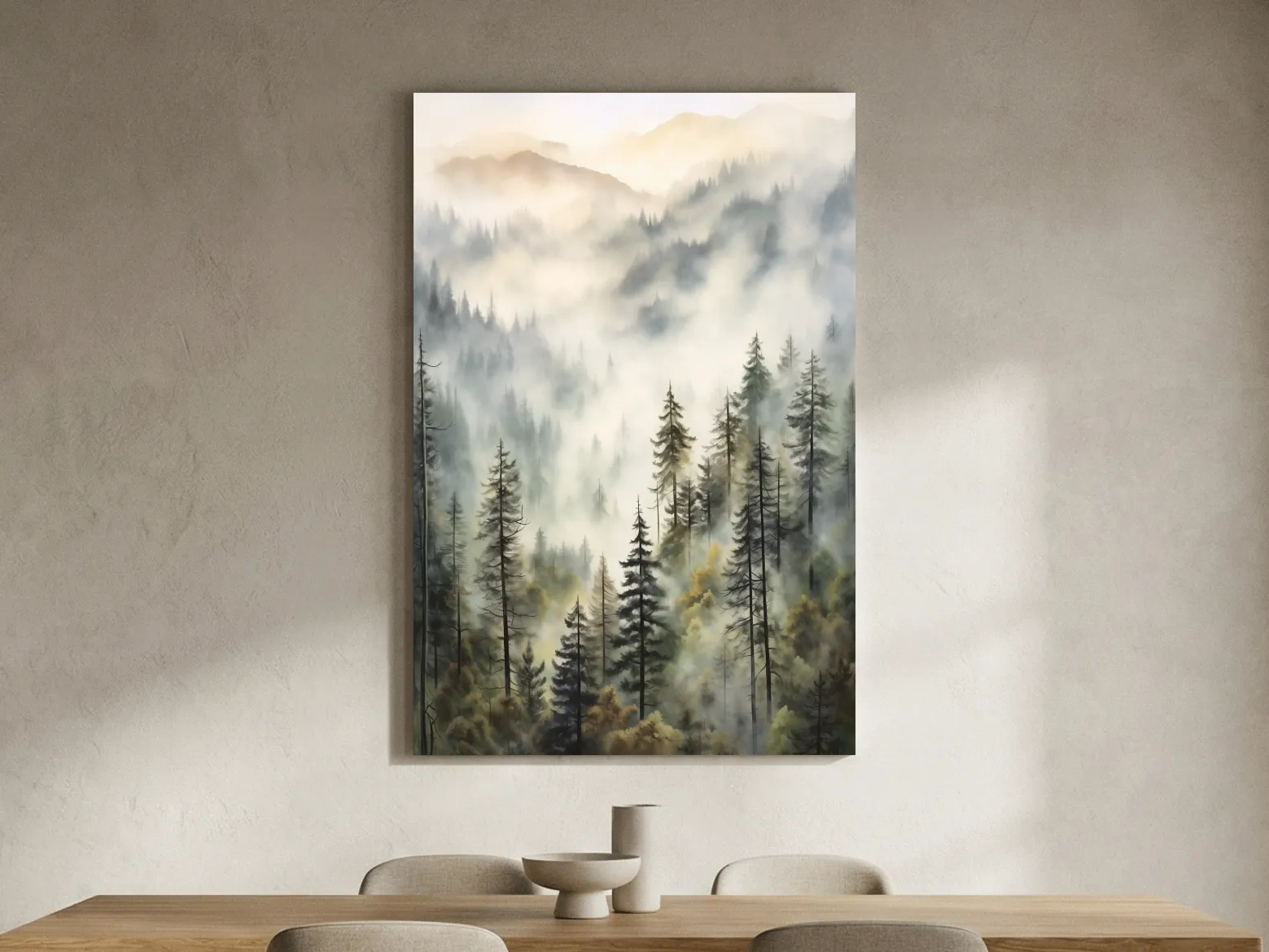 Misty Pine Forest Mountains Watercolor - Serene Foggy Landscape Wall Art