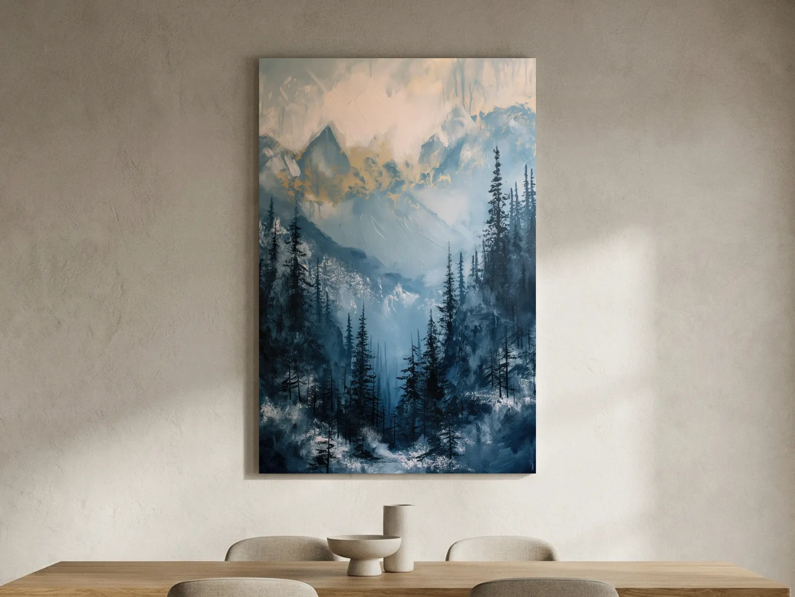 Moody Misty Blue Mountain Forest Painting - Alpine Landscape Wall Art