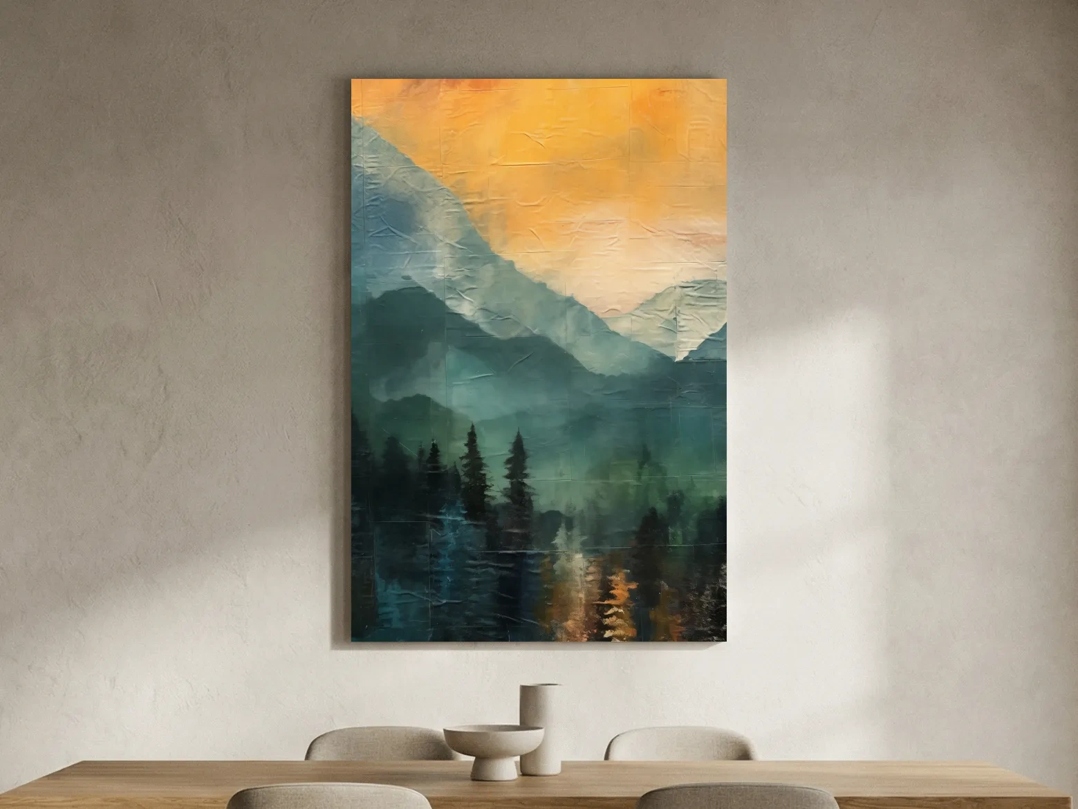 Rustic Misty Mountain Lake Reflection - Textured Watercolor Style Sunset Wall Art