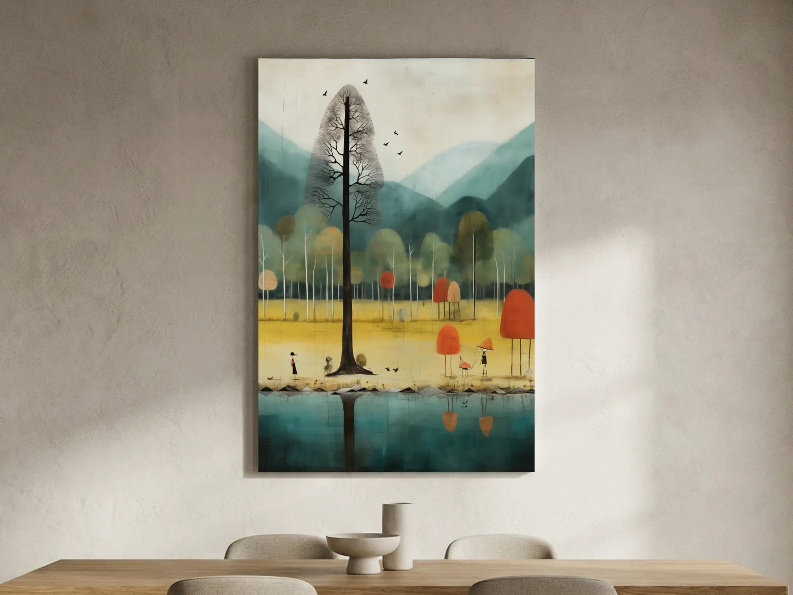 Whimsical Autumn Forest Lake Landscape - Quirky Nature Wall Art