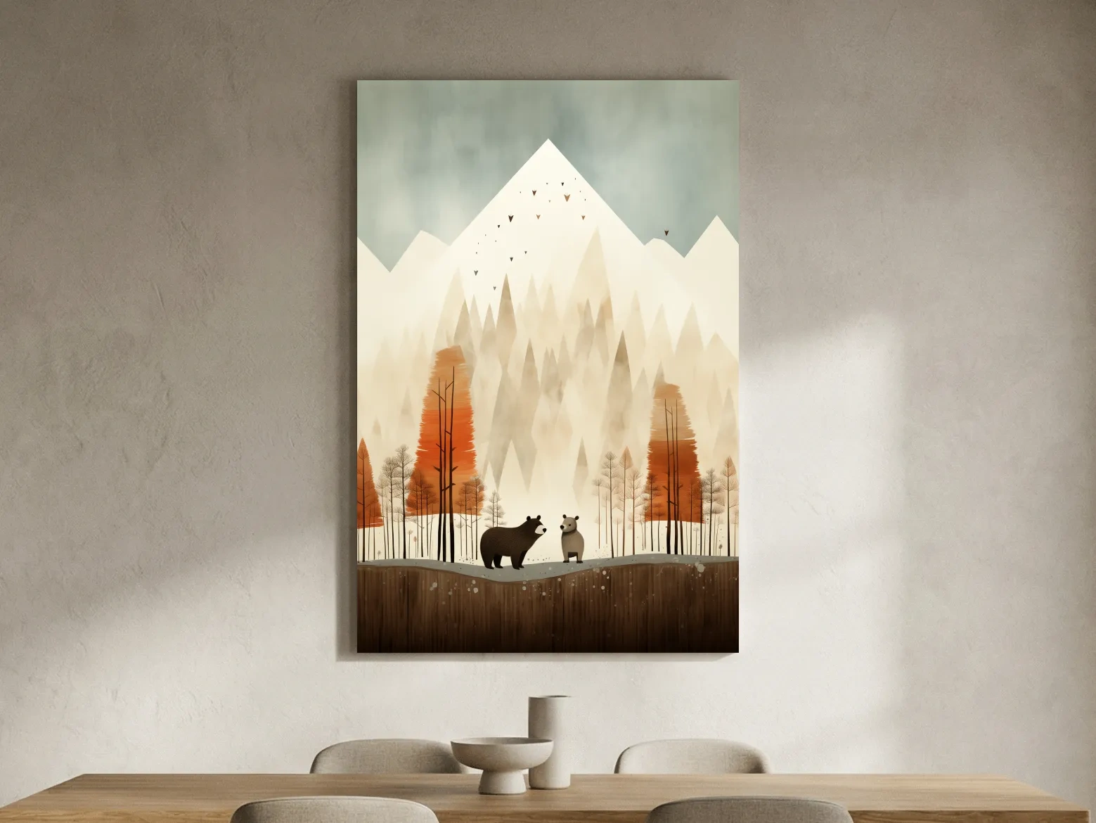 Whimsical Bear Family Autumn Forest Illustration - Nursery Woodland Wall Art
