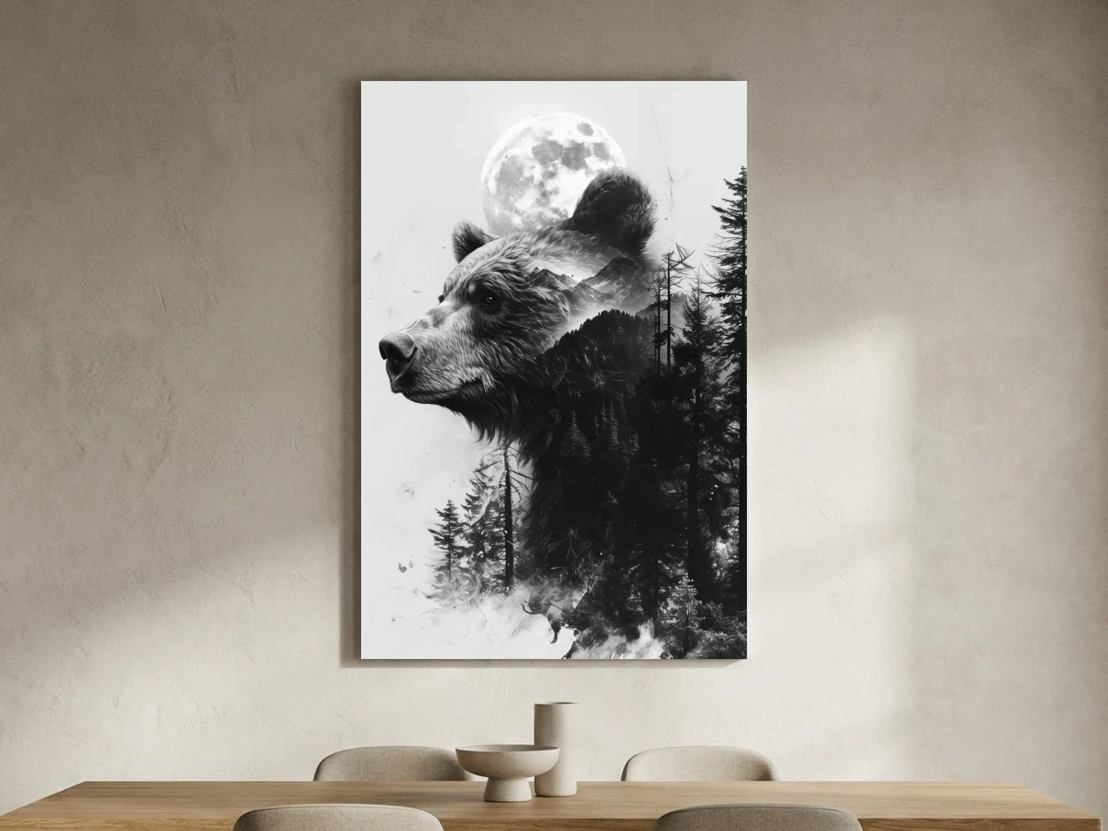 Grizzly Bear Double Exposure Drawing - Moonlit Pine Forest Wildlife Wall Art