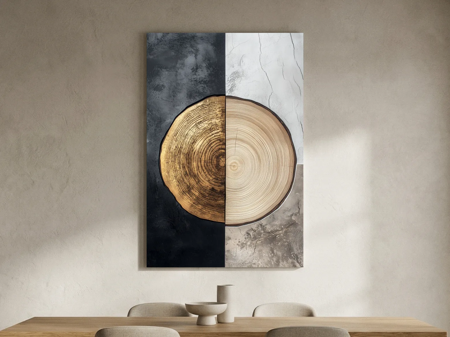 Split Marble And Charcoal Wood Slice - Modern Rustic Tree Ring Wall Art