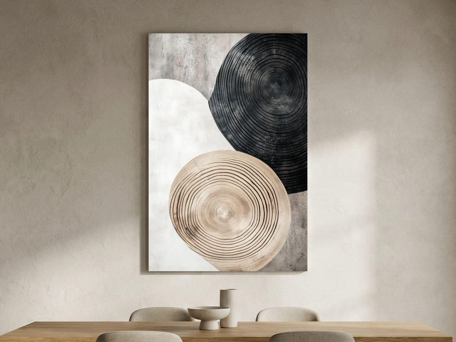 Minimalist Black Beige Wood Grain Circles - Modern Rustic Wall Art
