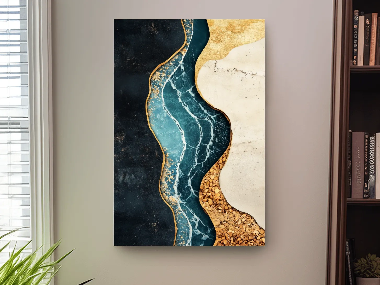 Fluid elegant artwork, blue marble river flowing through textured earth tones