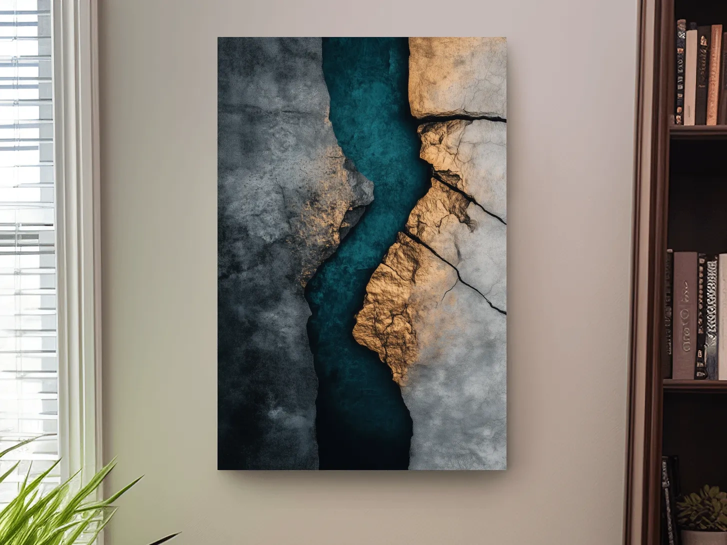 Cracked stone and turquoise abstract wall art, natural geological textured artwork