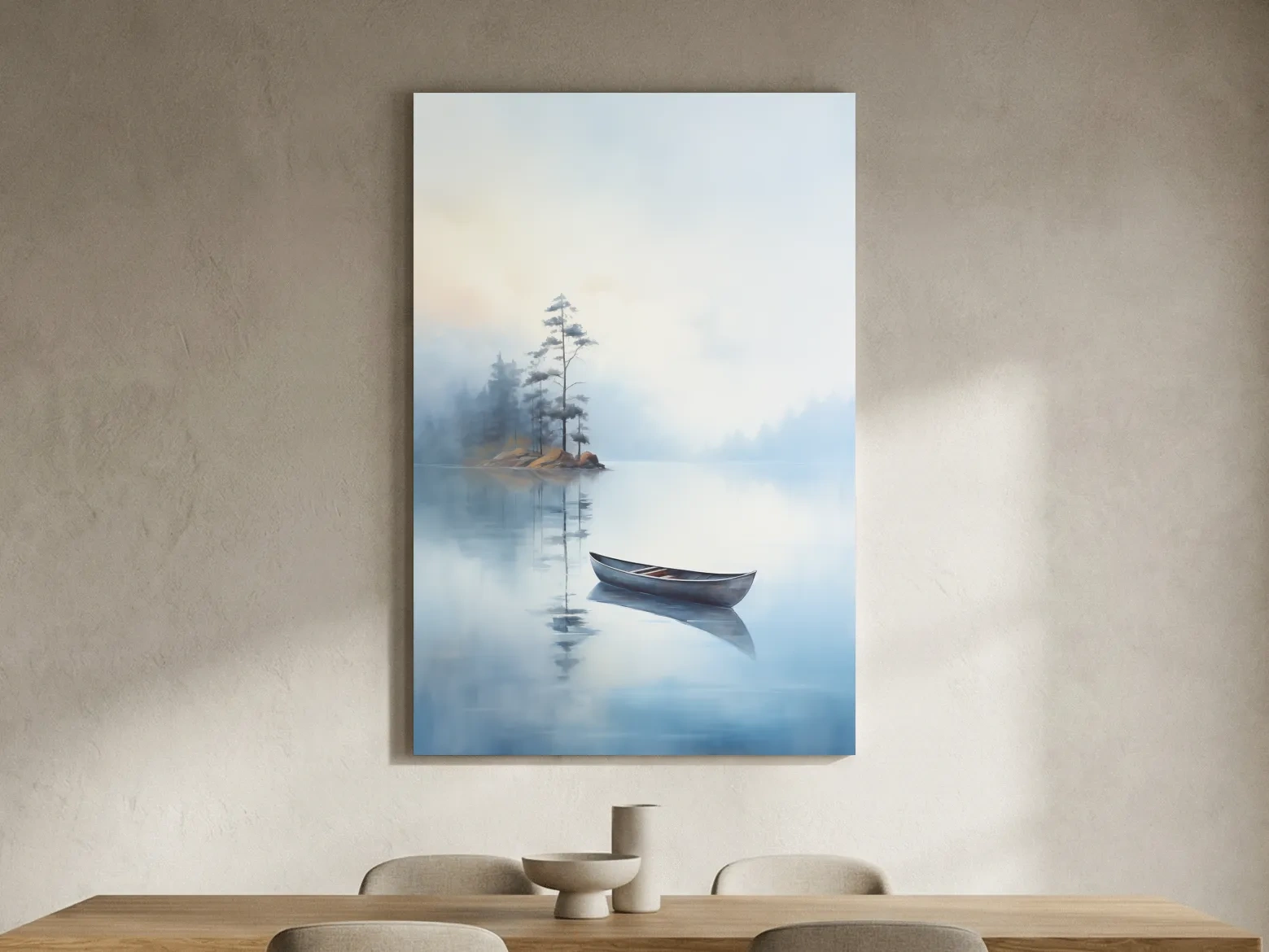 Misty Lake Canoe Painting - Serene Minimalist Watercolor Wall Art
