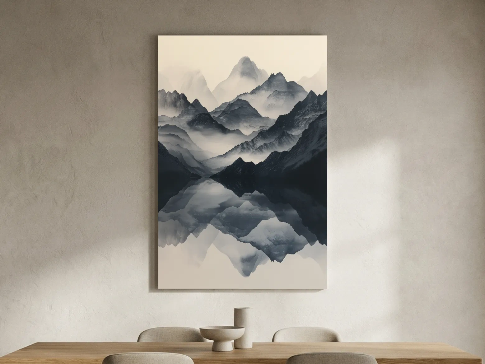 Monochrome Misty Mountain Reflection Landscape - Minimalist Japandi Wall Art