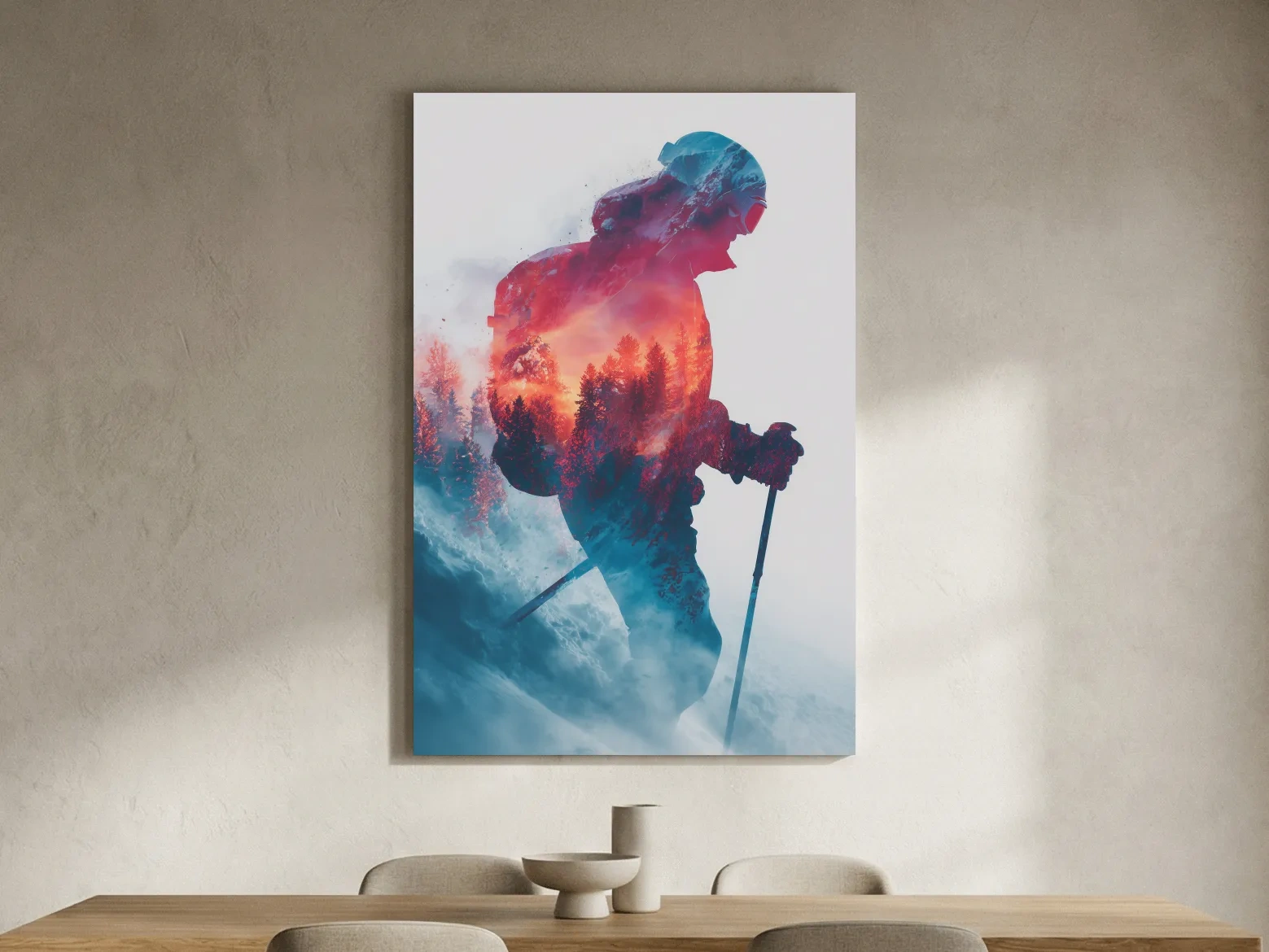 Double Exposure Skiier Silhouette Forest Sunset - Adventure Mountain Landscape Artwork