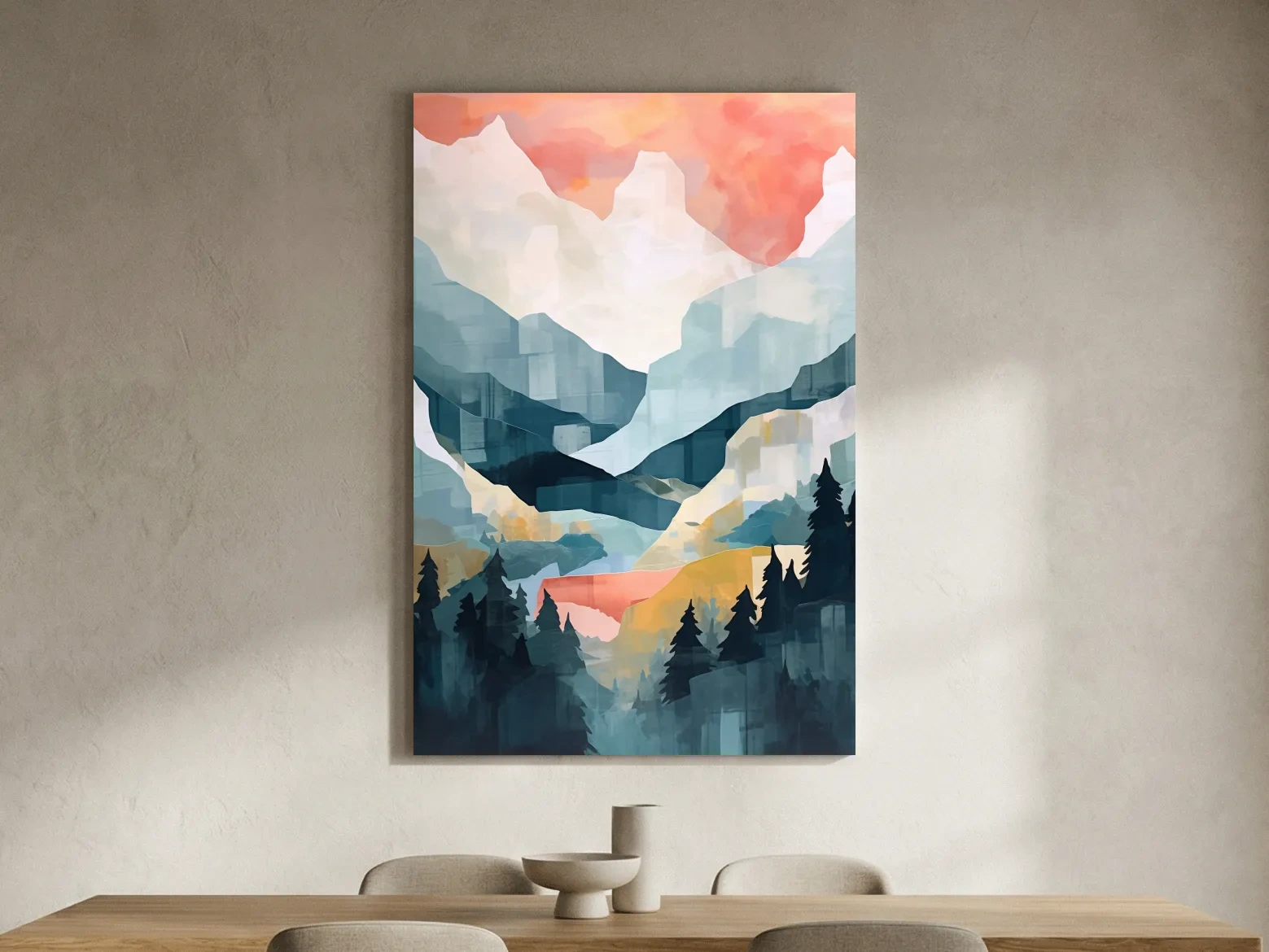 Abstract Watercolor Alpine Mountains At Sunrise - Modern Forest Landscape Artwork