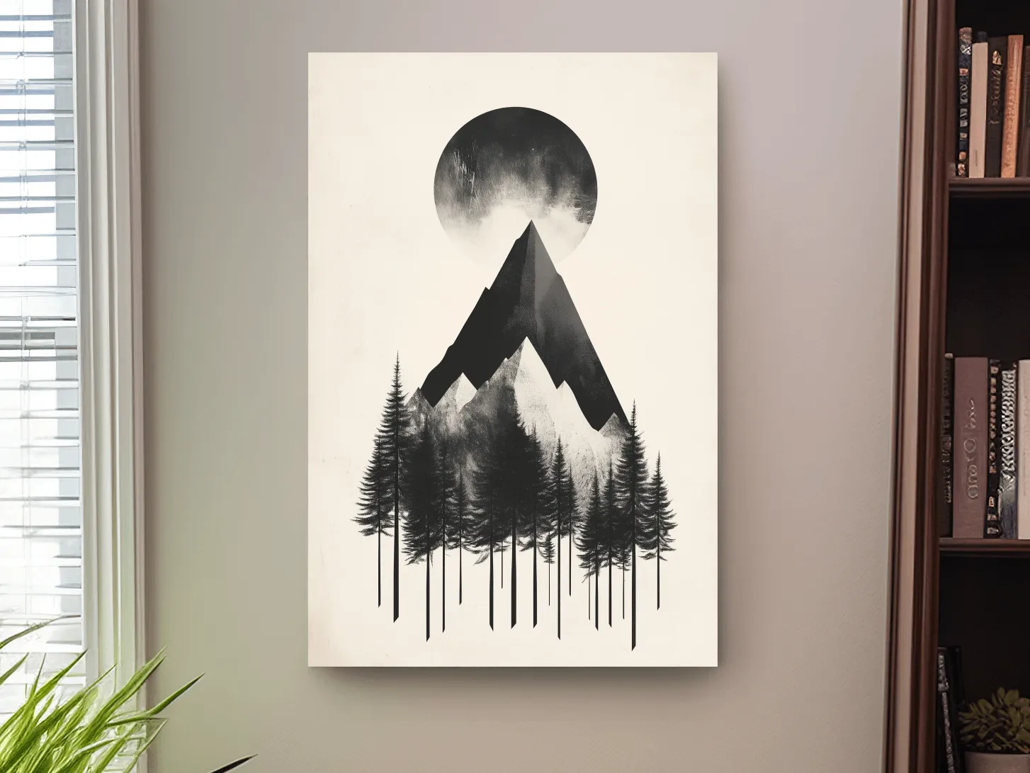 Minimalist Monochrome Mountain Peak & Pine Forest - Modern Scandinavian Style Wall Art