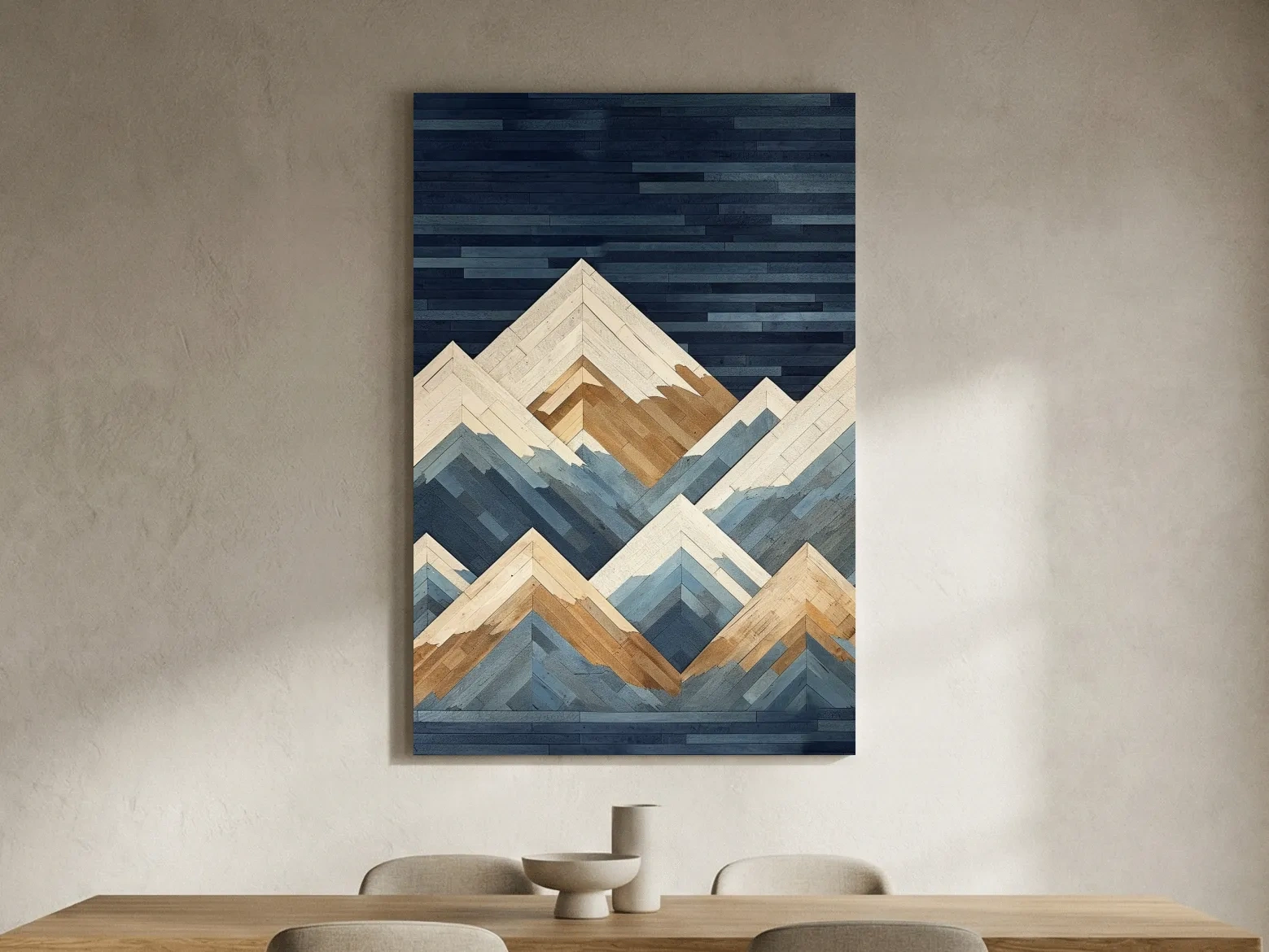 Geometric Layered Mountain Peaks - Wood Texture Landscape Wall Art