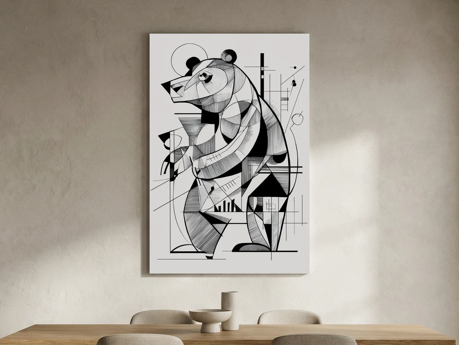 Cubism Abstract Bear Artwork - Modern Black And White Wildlife Wall Art