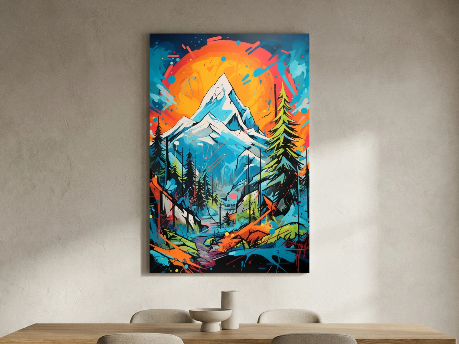 Vibrant Abstract Mountain Sunset Graffitti Painting - Colorful Pop Art Alpine Wall Art