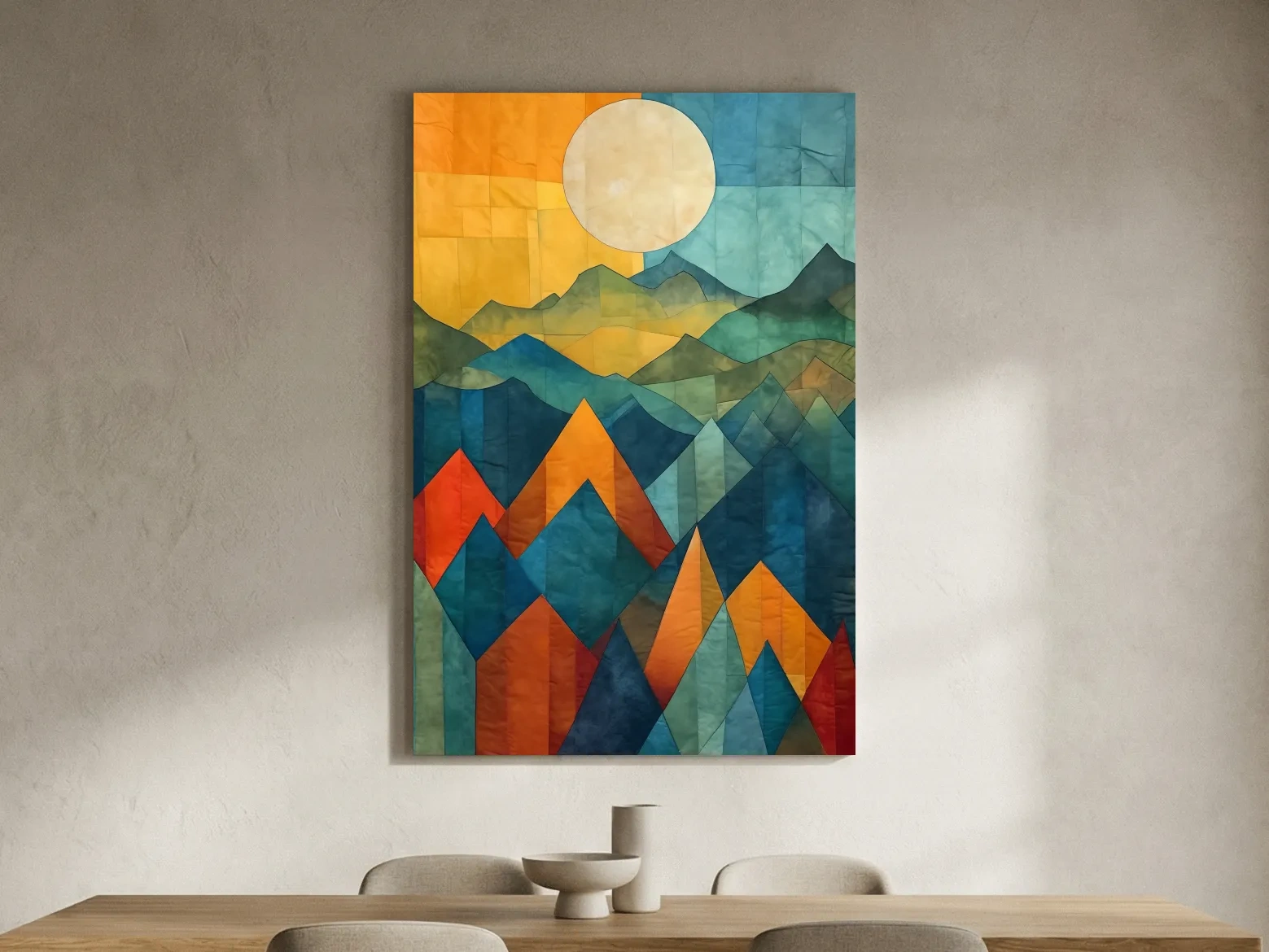 Geometric Patchwork Sunlit Mountain Range Painting - Colorful Abstract Alpine Wall Art