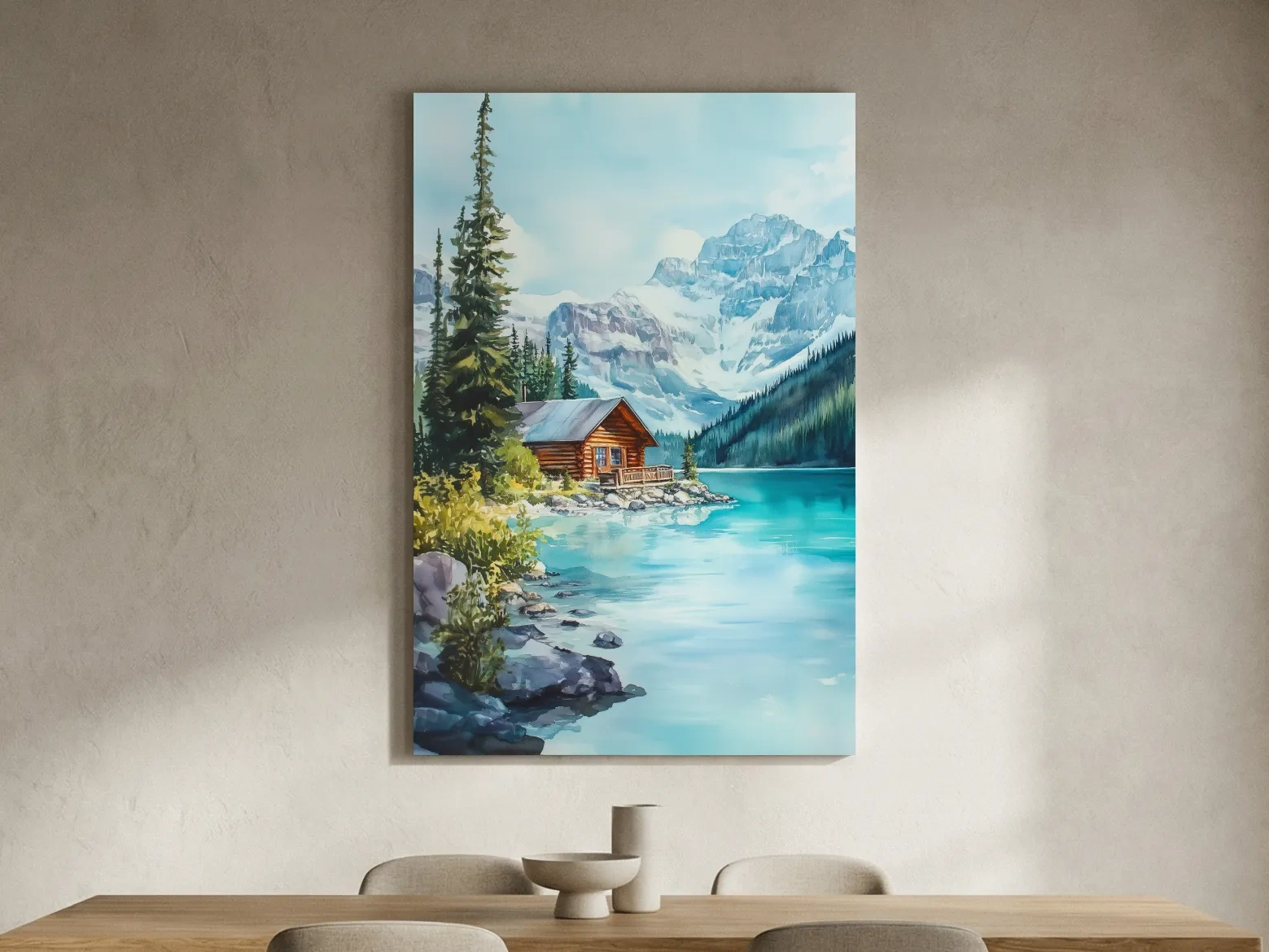 Turquoise Alpine Lake Cabin Watercolor - Serene Snowy Mountain Wall Art