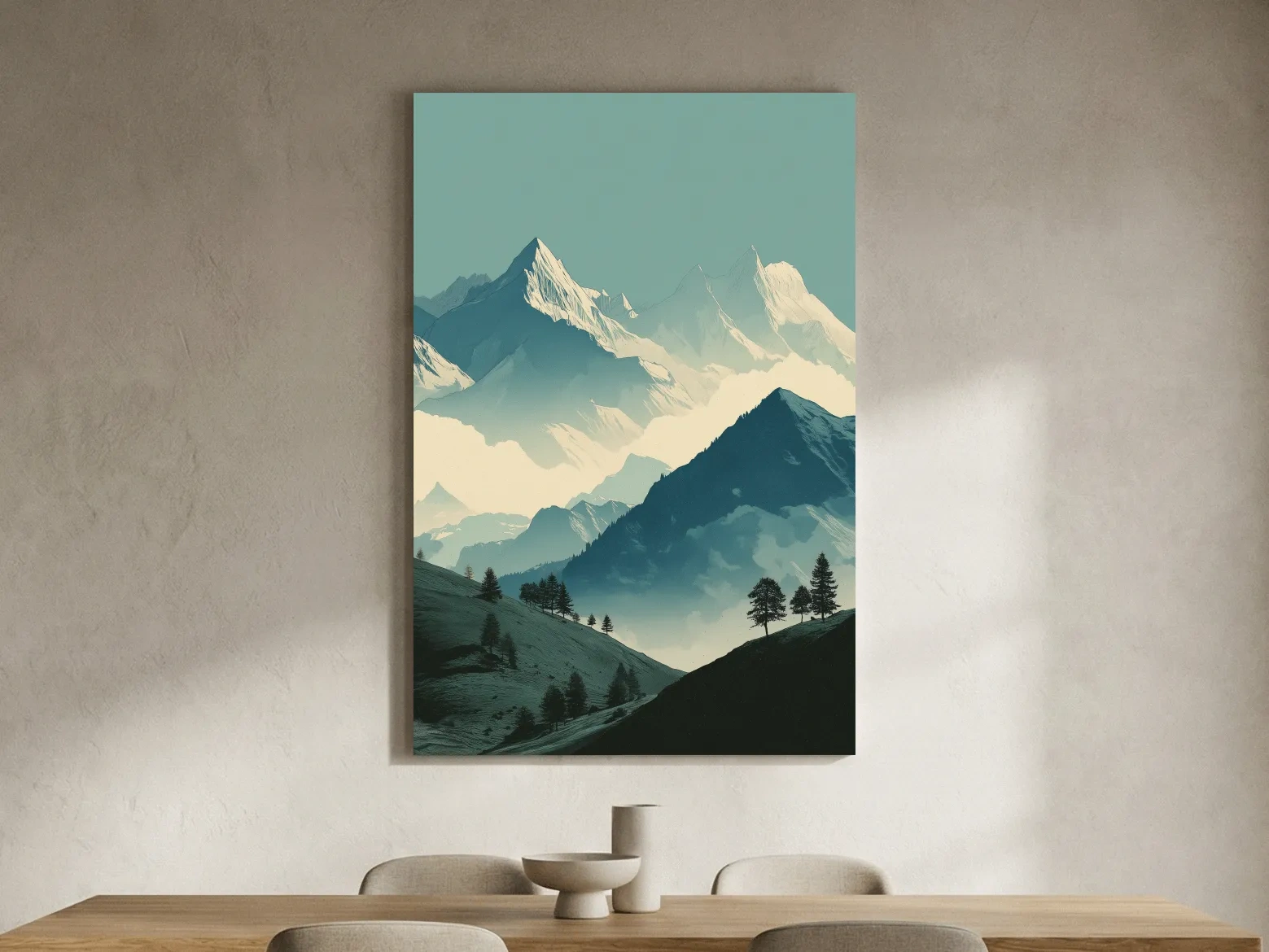 Misty Alpine Mountain Peaks Illustration - Serene Landscape Wall Art