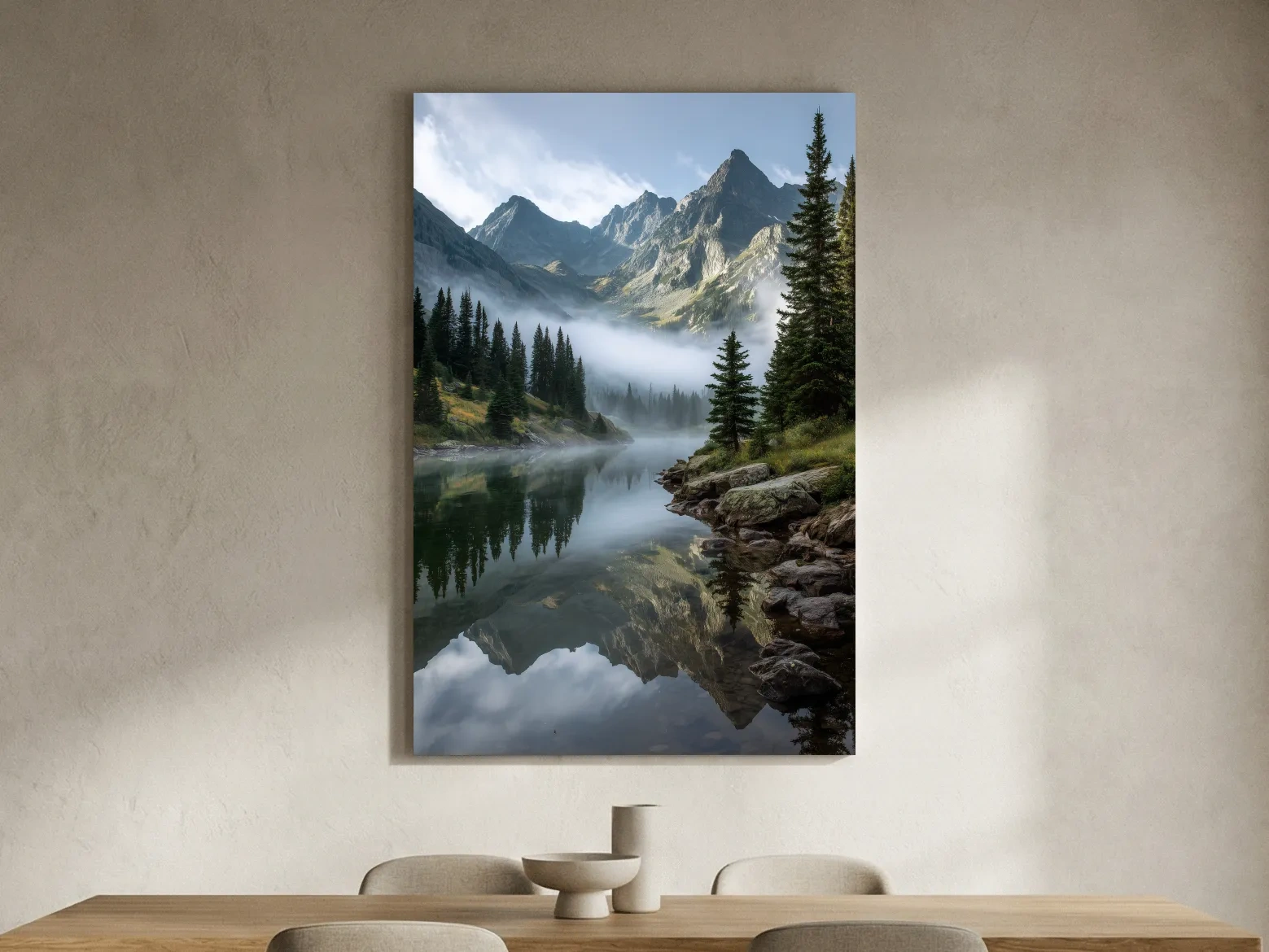 Misty Alpine Lake Photography - Serene Mountain Forest Wall Art