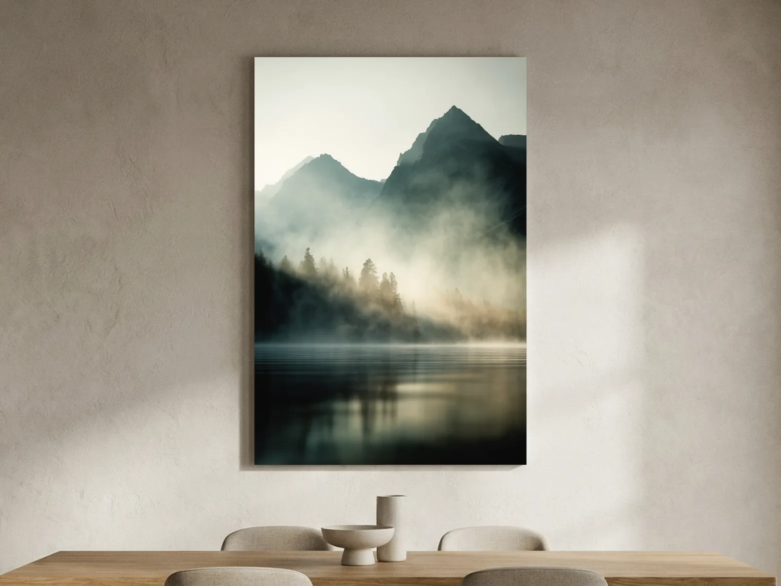 Moody Misty Mountain Lake Landscape - Serene Foggy Pine Forest Wall Art