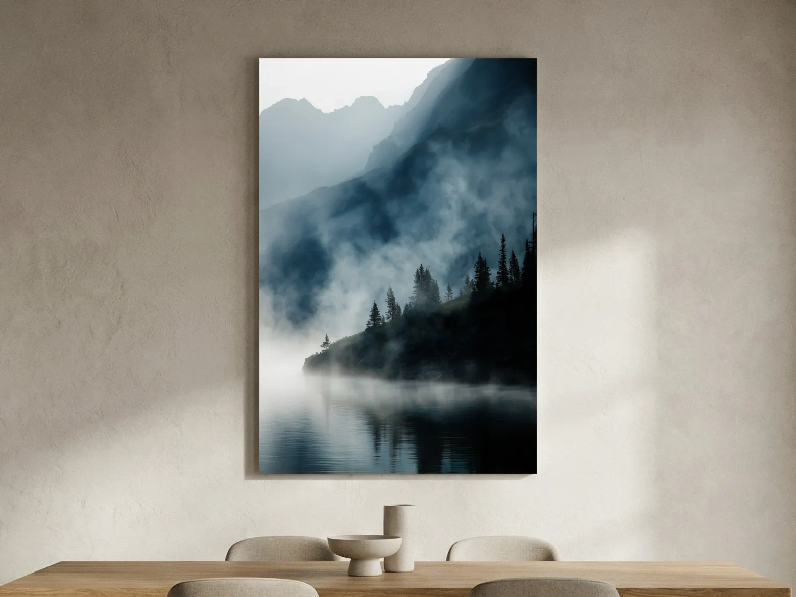 Misty Alpine Lake Landscape Photography - Foggy Pine Forest Nature Wall Art