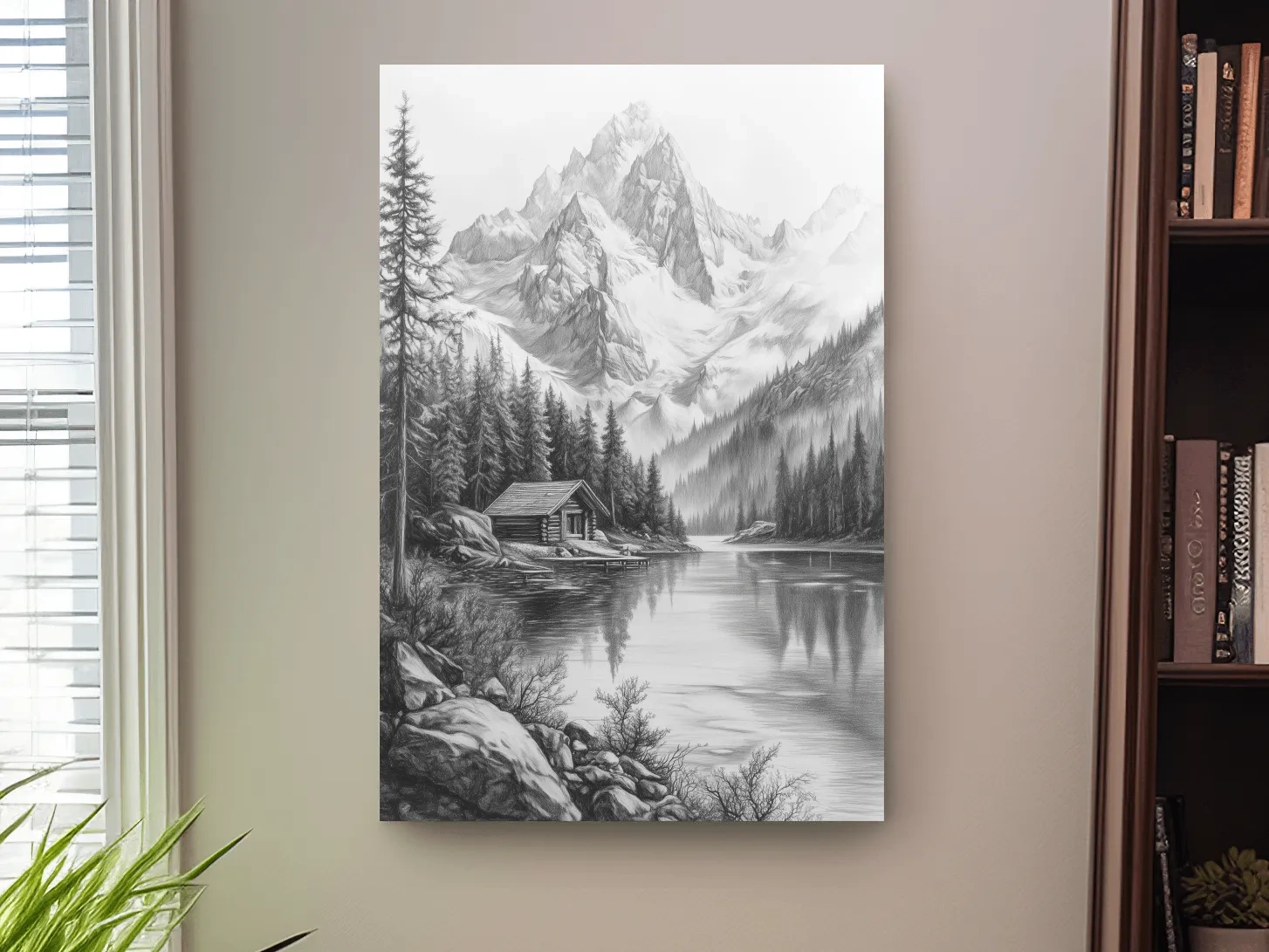 Monochrome Alpine Lake Cabin Sketch Art - Mountain Drawing Wall Art