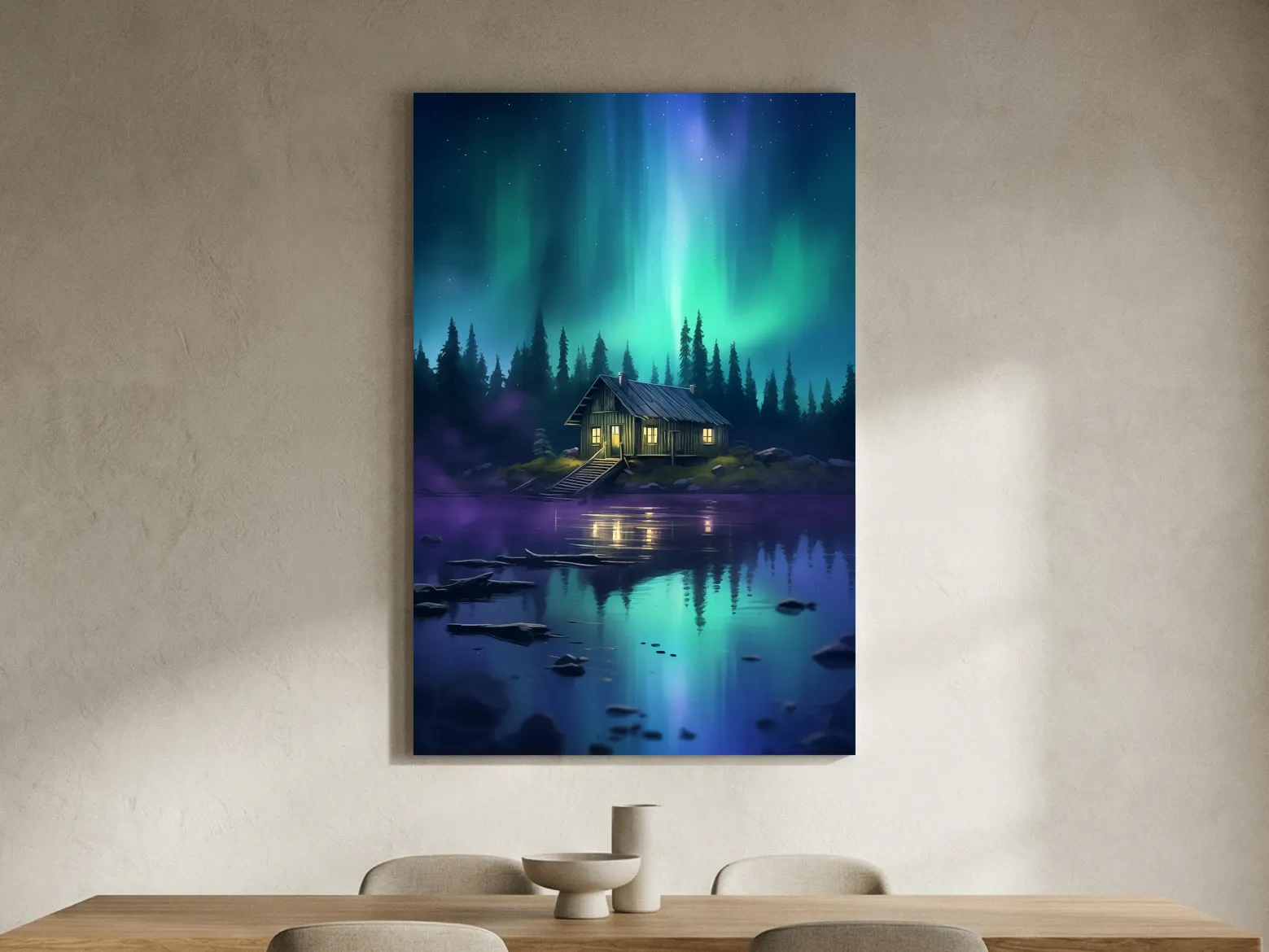 Vibrant Northern Lights Cabin Lake Painting - Aurora Borealis Night Wall Art
