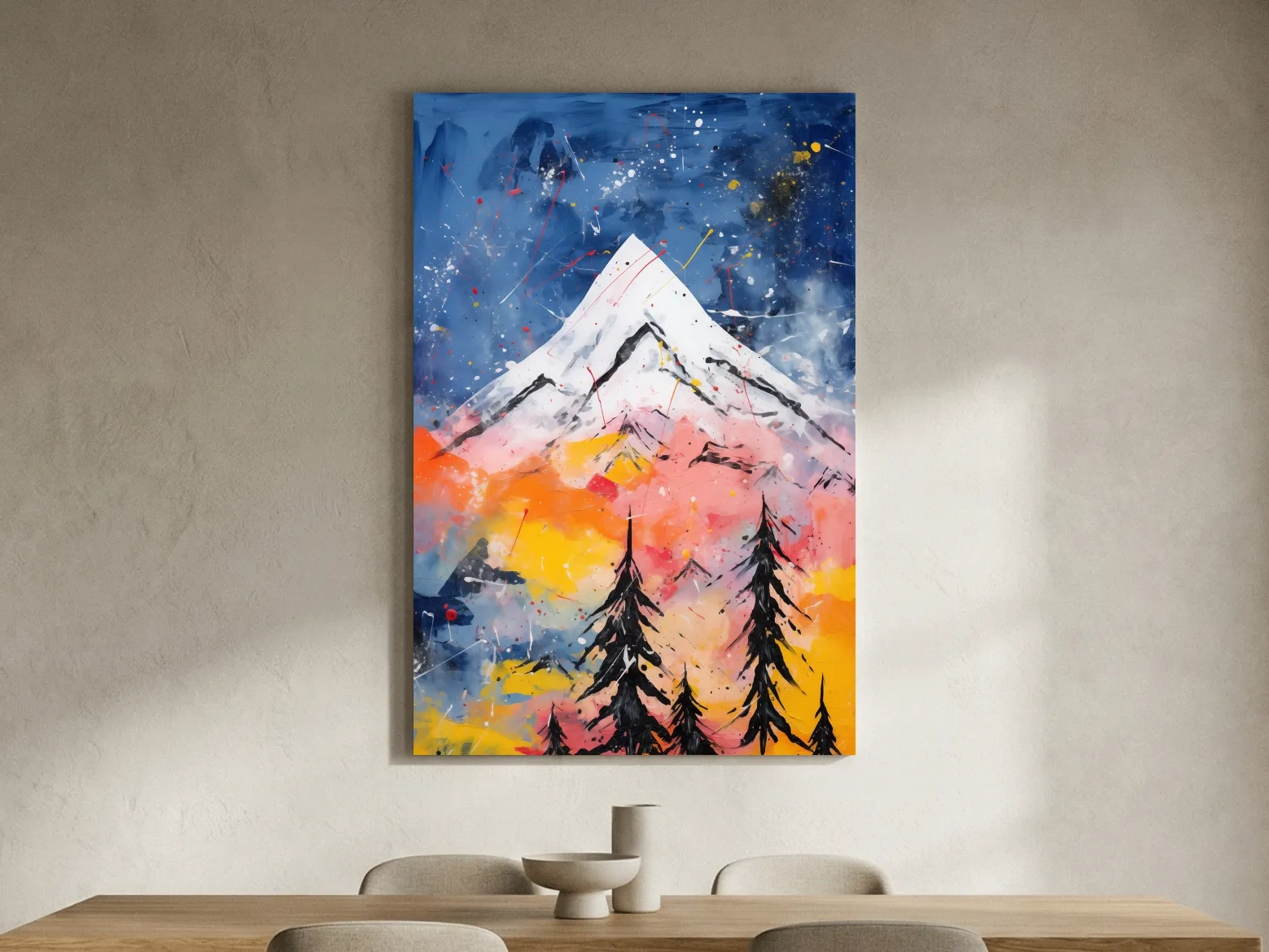 Vibrant Abstract Mountain Peak Sunset Painting - Colorful Acrylic Splash Forest Wall Art