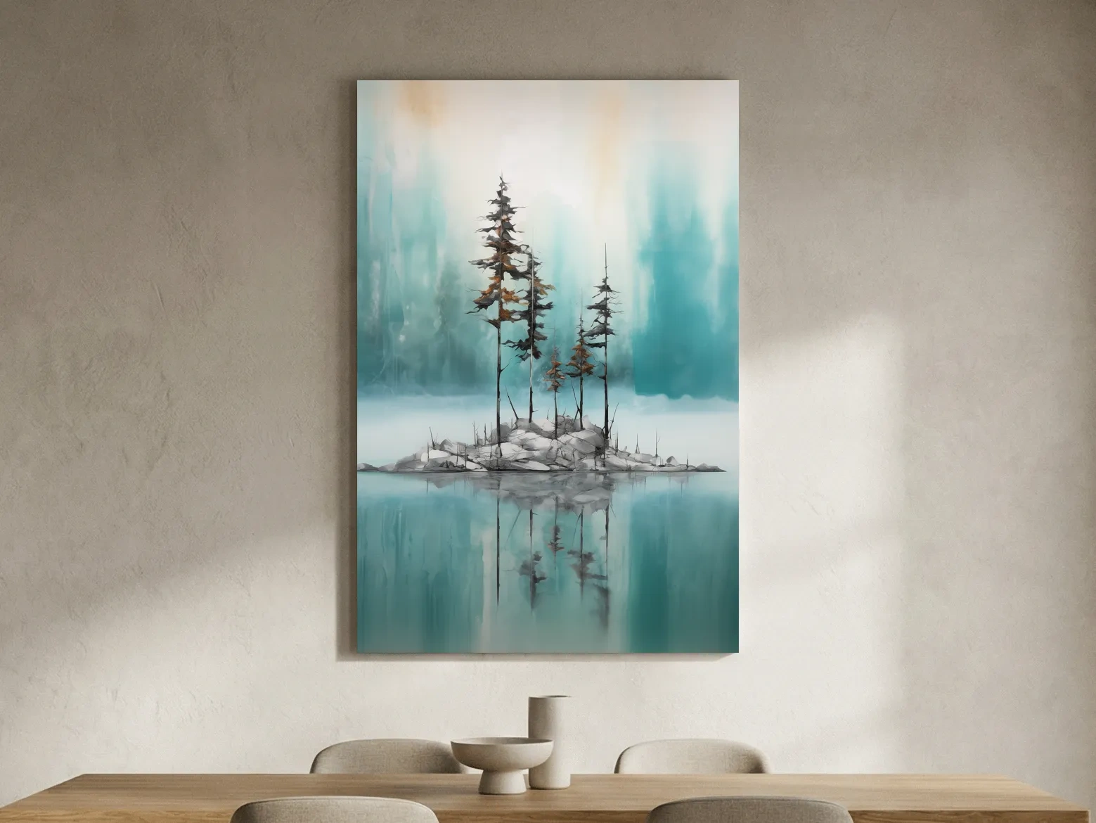Misty Pine Trees Reflection - Watercolor Turquoise Alpine Lake Wall Art