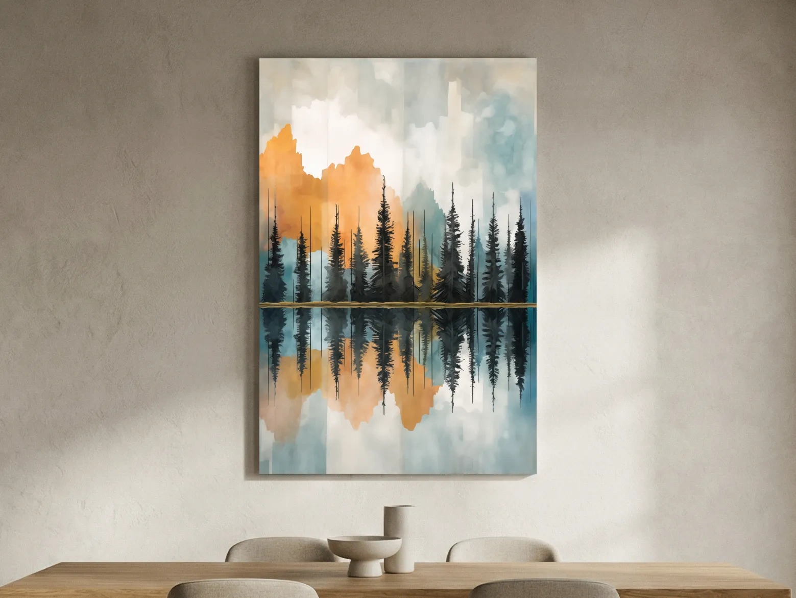 Abstract Watercolor Mountain Lake Reflection - Alpine Forest Landscape Artwork